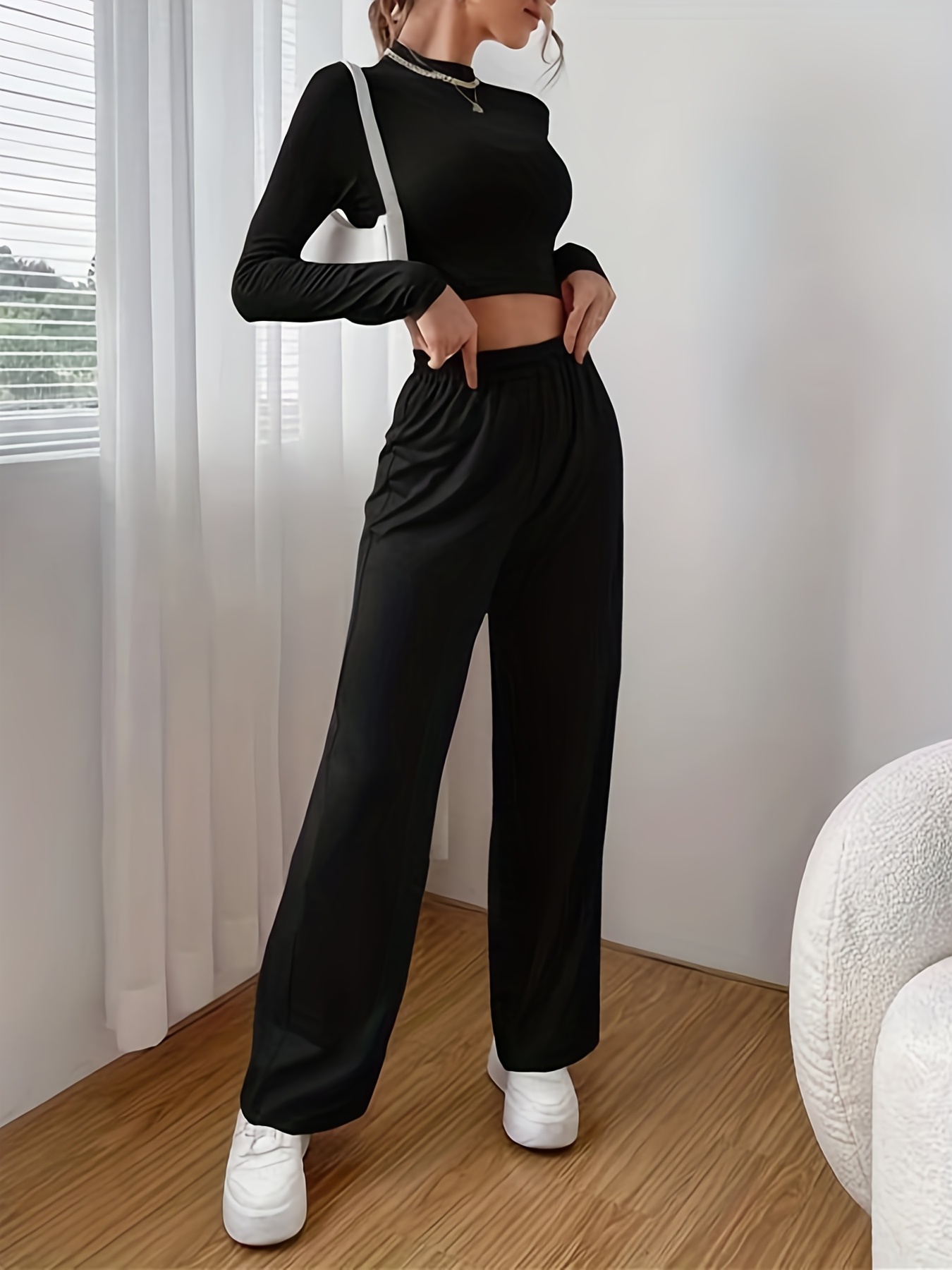 Casual Two-piece Set Long Sleeve Slim Crop Top & Pants