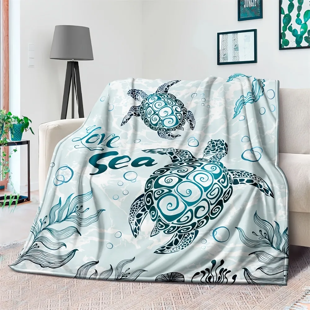 1pc Sea Turtle Print Blanket, Ocean Animal Print Blanket, Warm Cozy Soft Throw Blanket For Couch Bed Sofa Birthday Gift