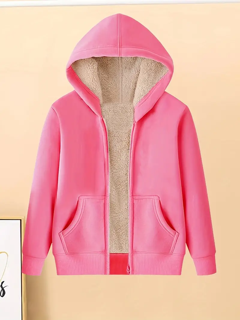 Solid Girls Fleece Lined Hooded Jacket Casual Long Sleeve - Temu