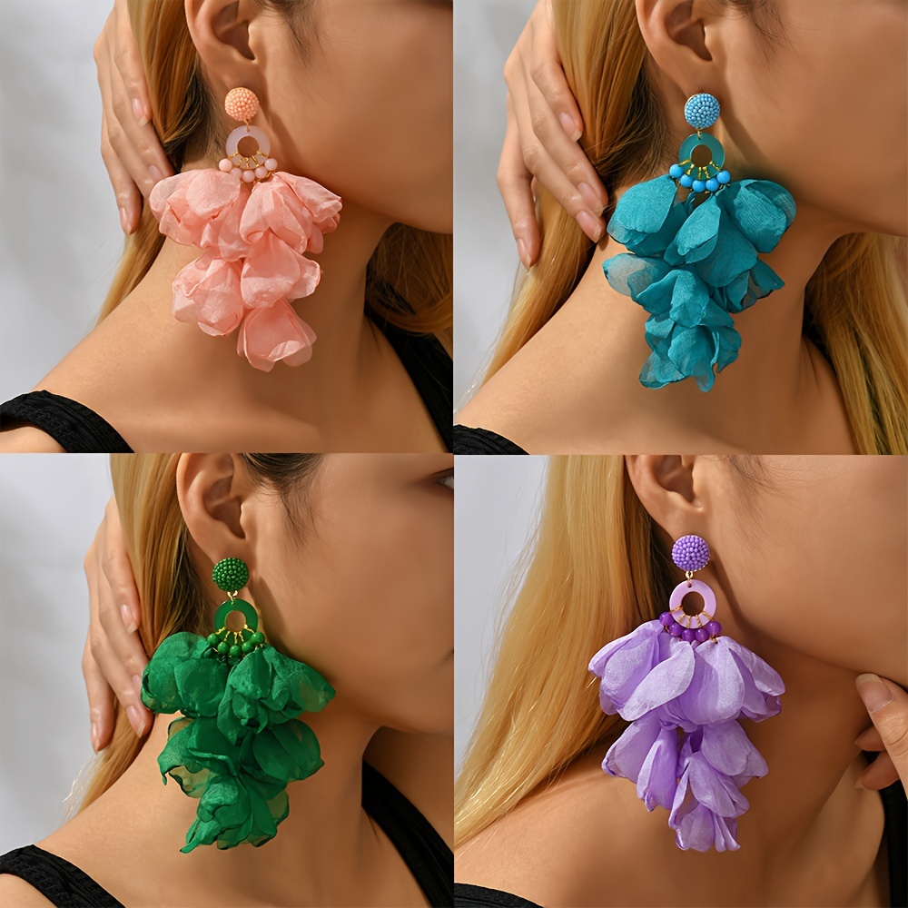 Hot Pink Exaggerated Flower Petal Dangle Earrings Bohemian Style