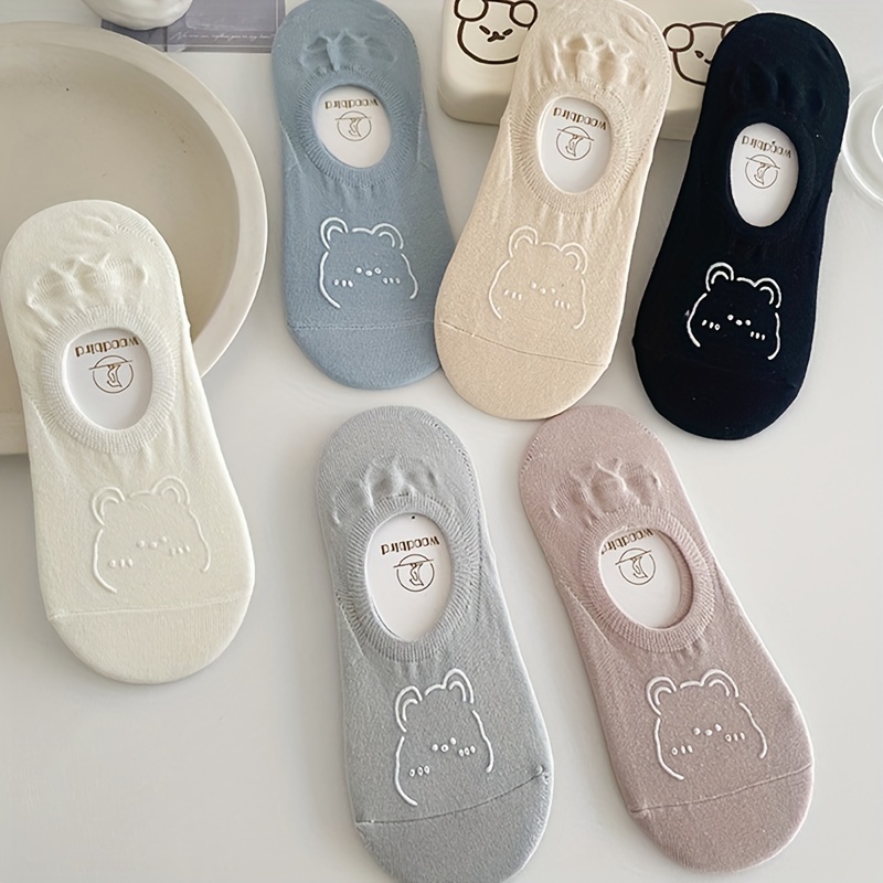 

6 Pairs Cartoon Bear Print Socks, Comfy & Cute Invisible Low Cut Ankle Socks, Women's Stockings & Hosiery