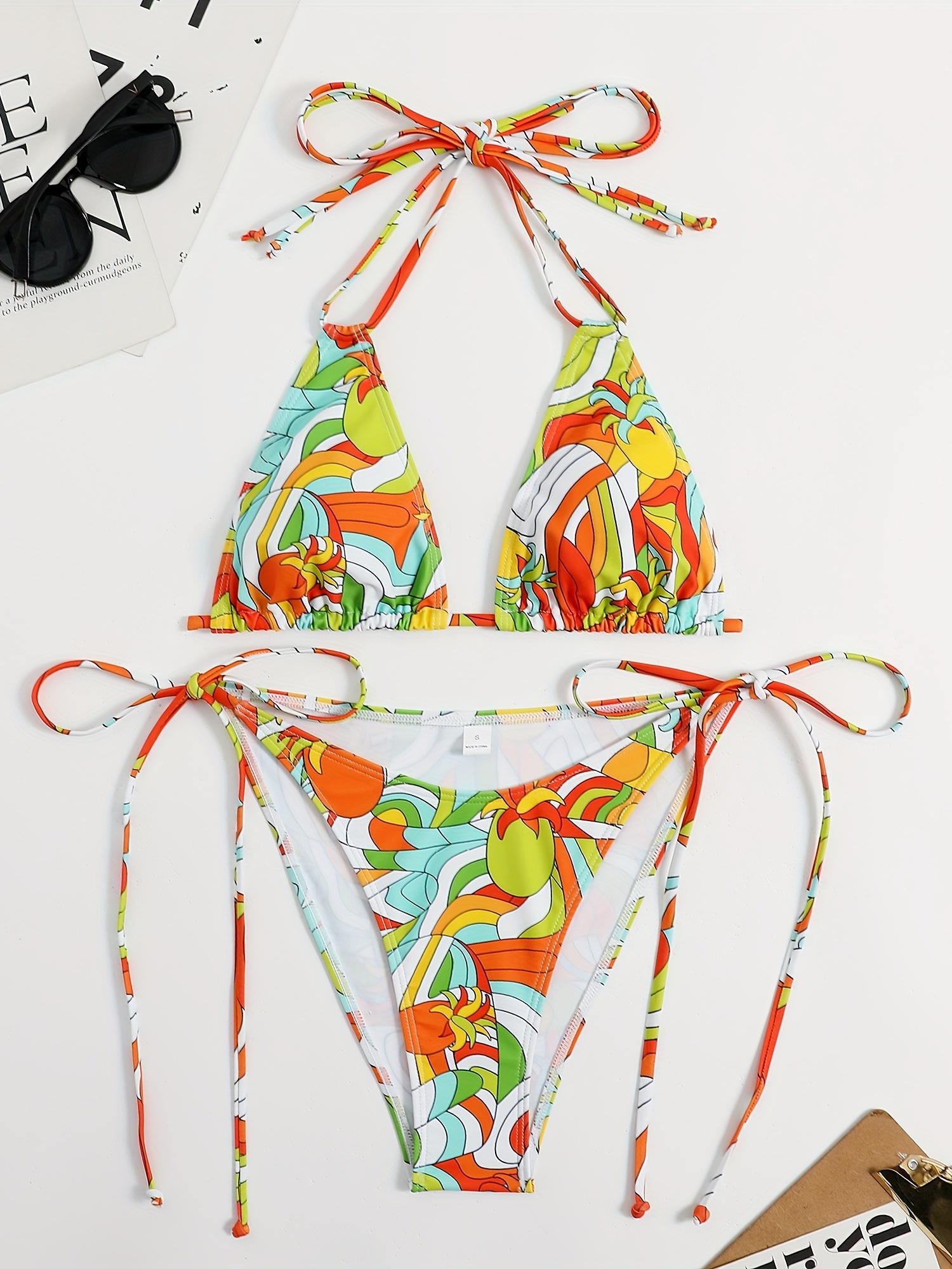 Colorful Geometric Print Bikini Sets Triangle Halter Neck - Temu