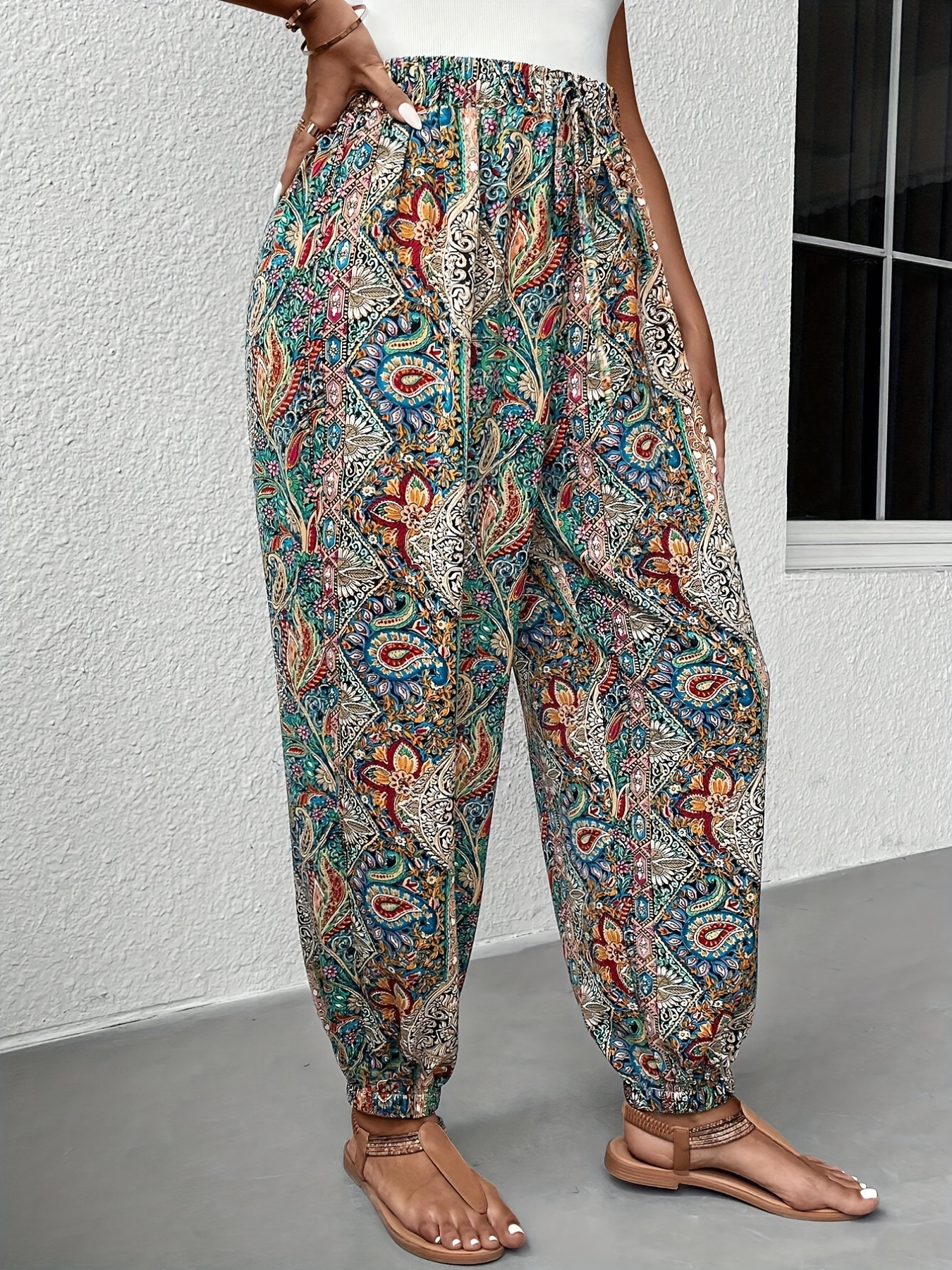 Paisley Print Smocked Waist Harem Pants Boho Pants Spring - Temu