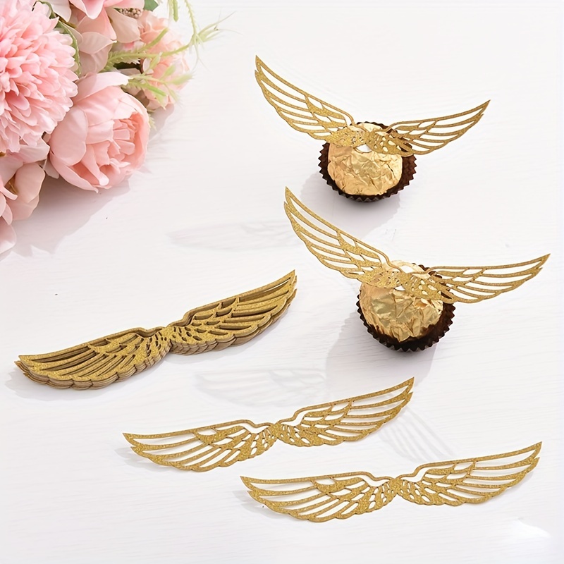 50PCS Golden Snitch Wings Wizard Party Chocolate Decoration Cupcake Topper  Wings, Snitch Wings Wafer Cupcake Toppers with 50pcs Glue Point, Wafer