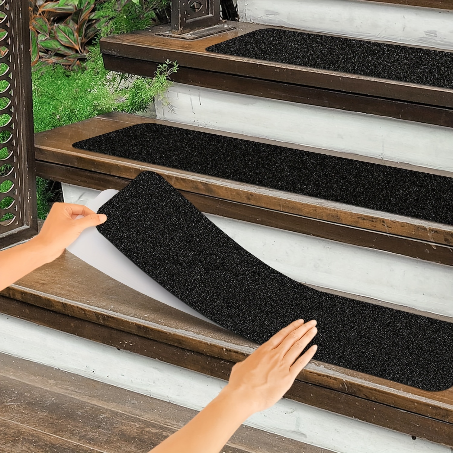 

10pcs Non Slip Outdoor Stair Treads, 6"x24" Black Pre-cut 80 Grit Anti Slip Grip Tape, Non Skid Heavy Duty Traction Adhesive Step Stripes For Staircase, Skateborad And Deck