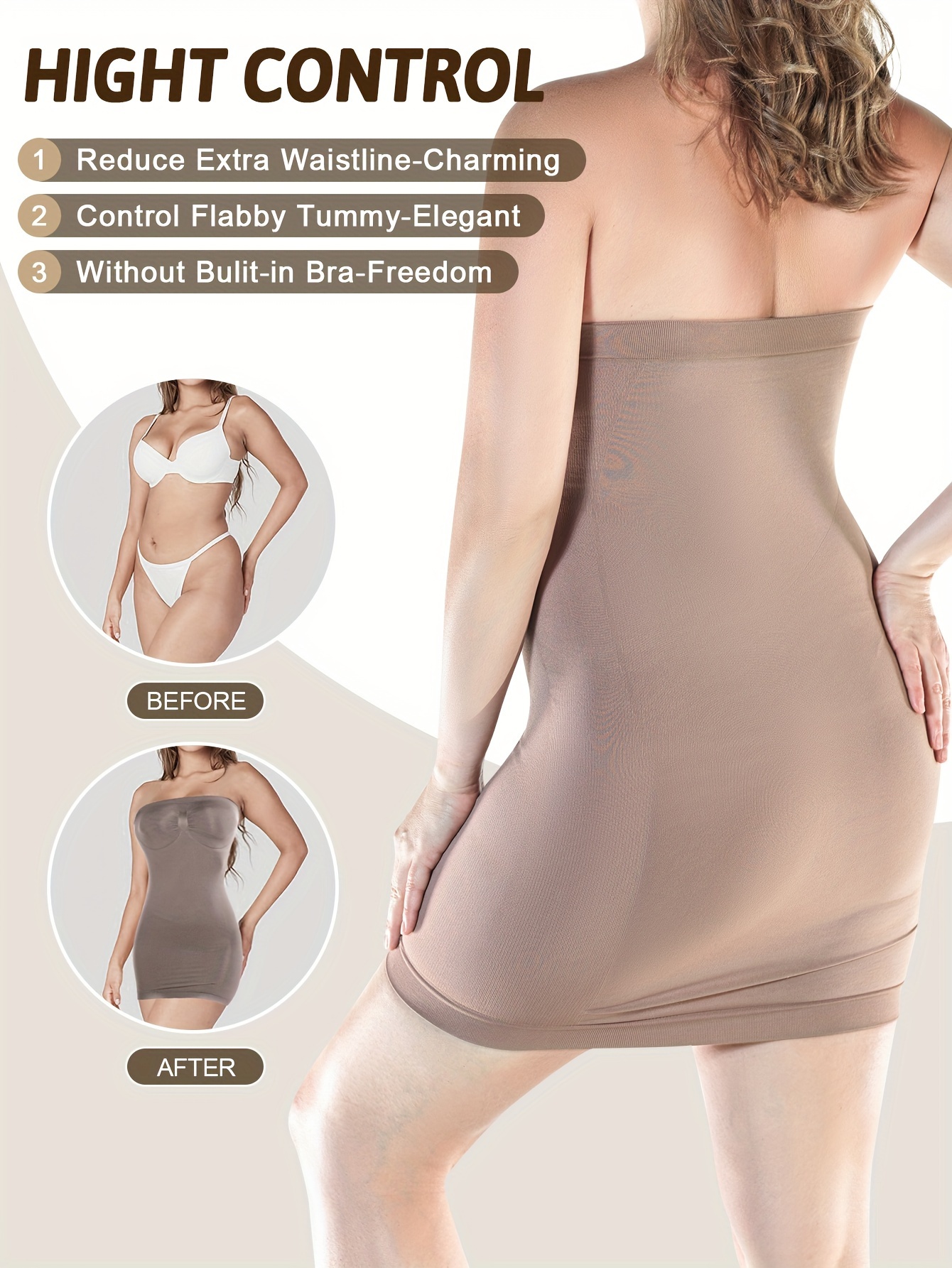 Buy Strapless Shapewear Slip for Under Dresses Tummy Control Womems Full Slip  Body Shaper Seamless, Coffee, Small at