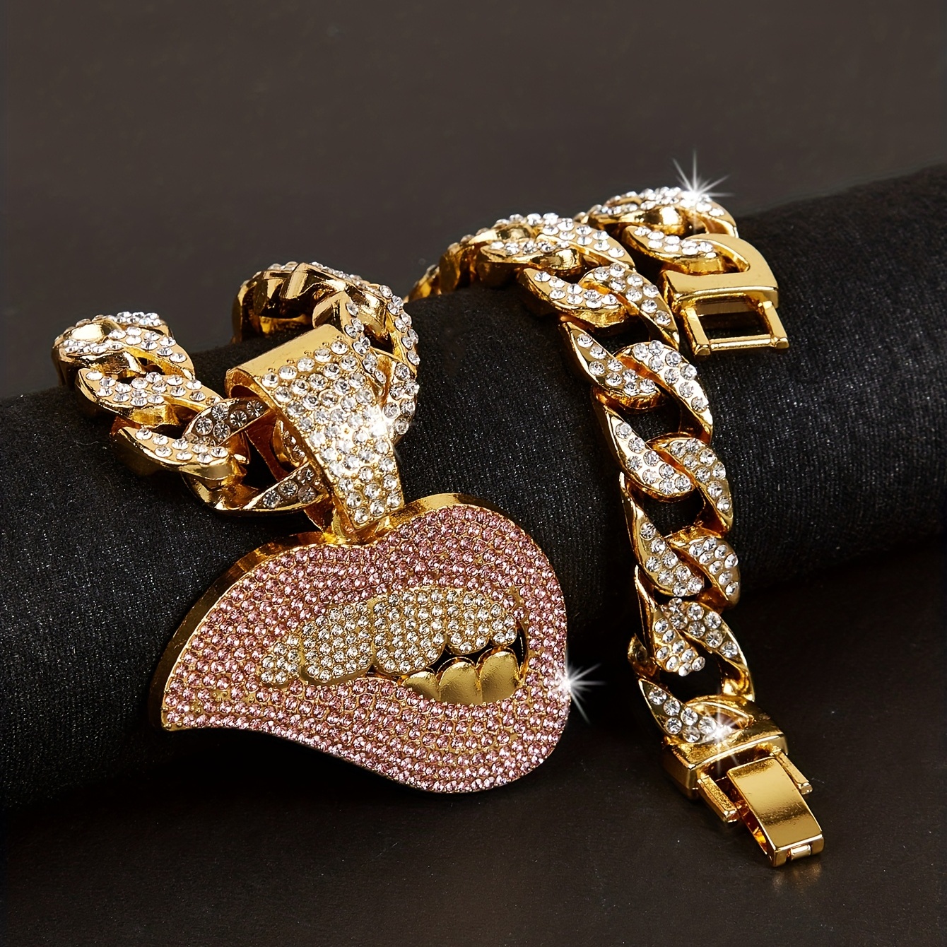 Pink Lips Pendant Cuban Chain Necklace