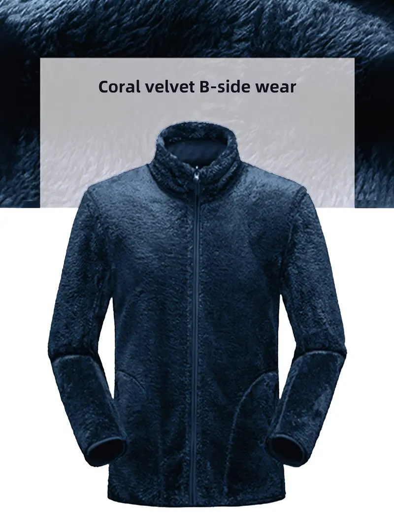 Men's Solid Color Fleece Stand Collar Zipper Jackets Warm - Temu