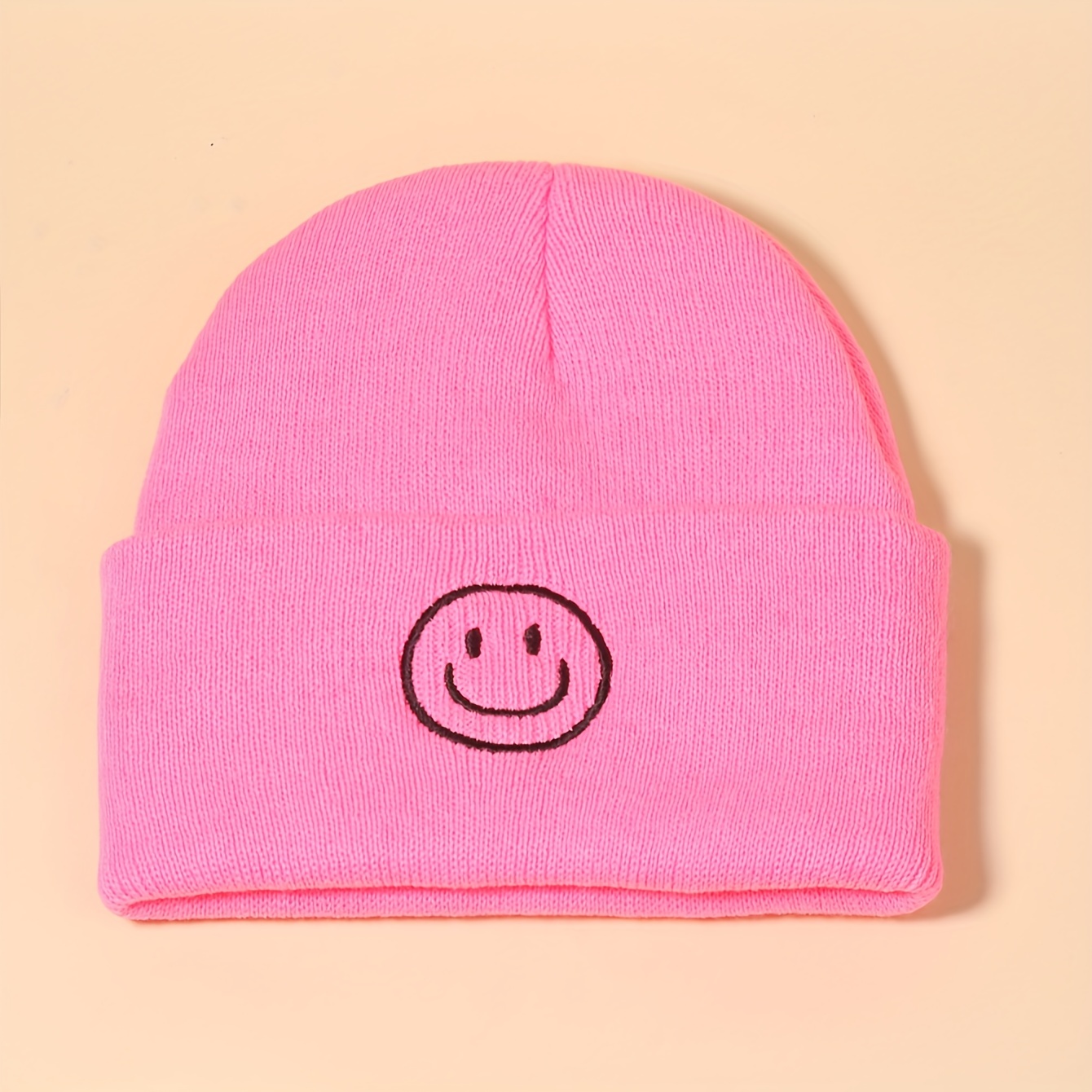 Smiling Face Embroidered Knit Hat Cold Resistant Fleece - Temu