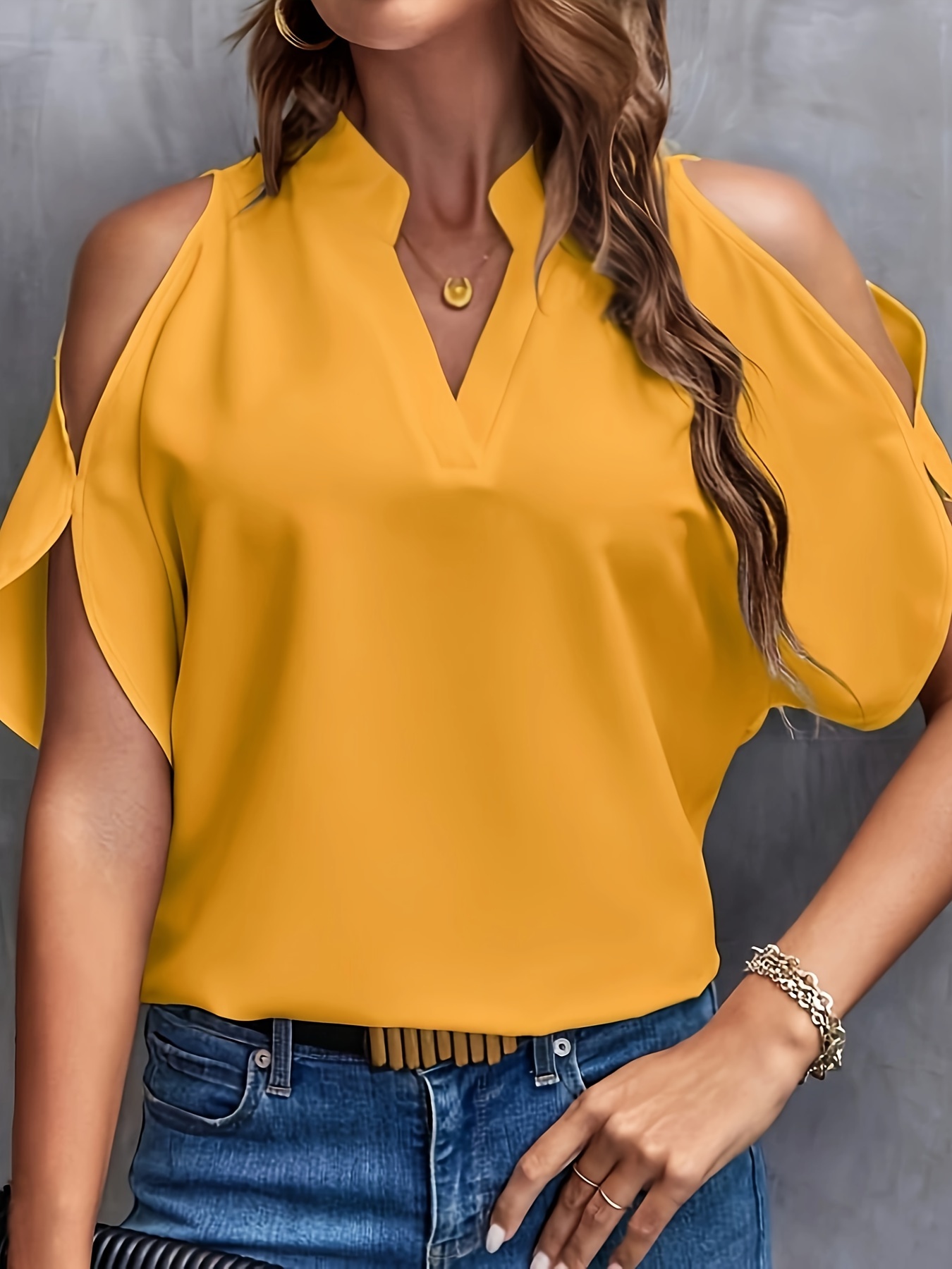 Deep V neck Lantern Sleeve chiffon shirt two-piece set — YELLOW SUB TRADING