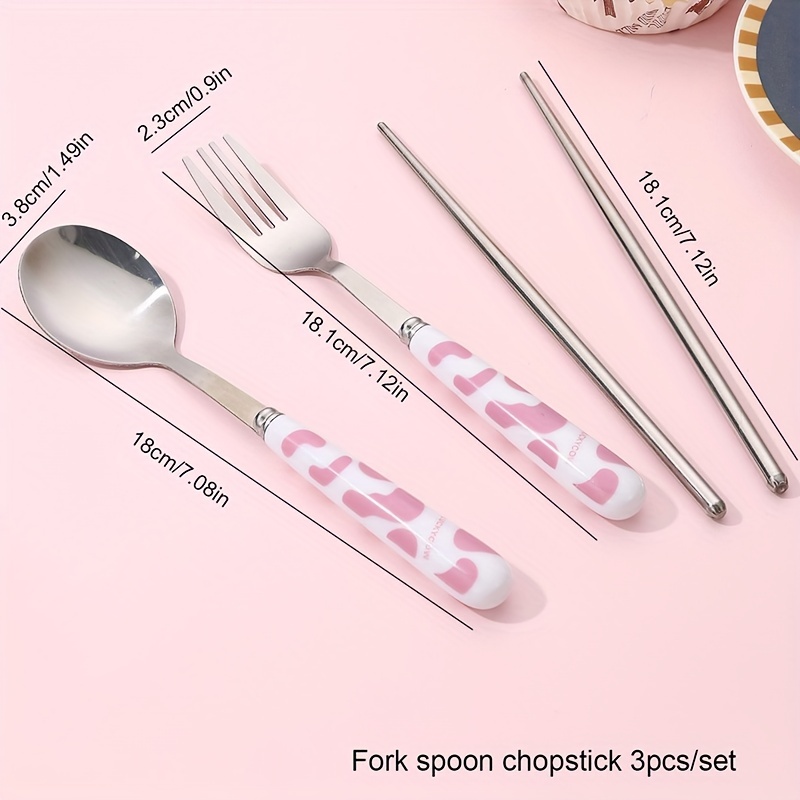 3pcs/set, Tableware Set, Stainless Steel Flatware Sets, Cow Plastic Handle  Fork, Cute Spoon, Portable Fruit Fork, Mental Chopsticks With Storage Box