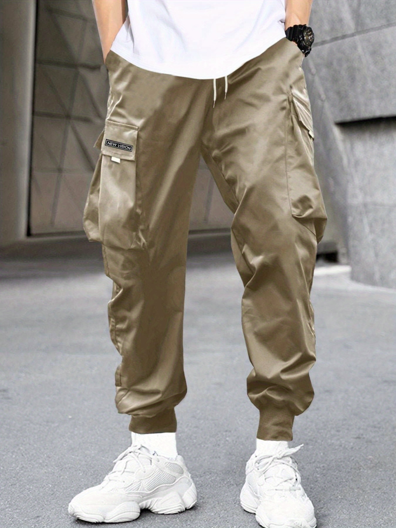 Hombres Pantalones cargo con estampado de letra con bolsillo con solapa de  cintura con cordón …