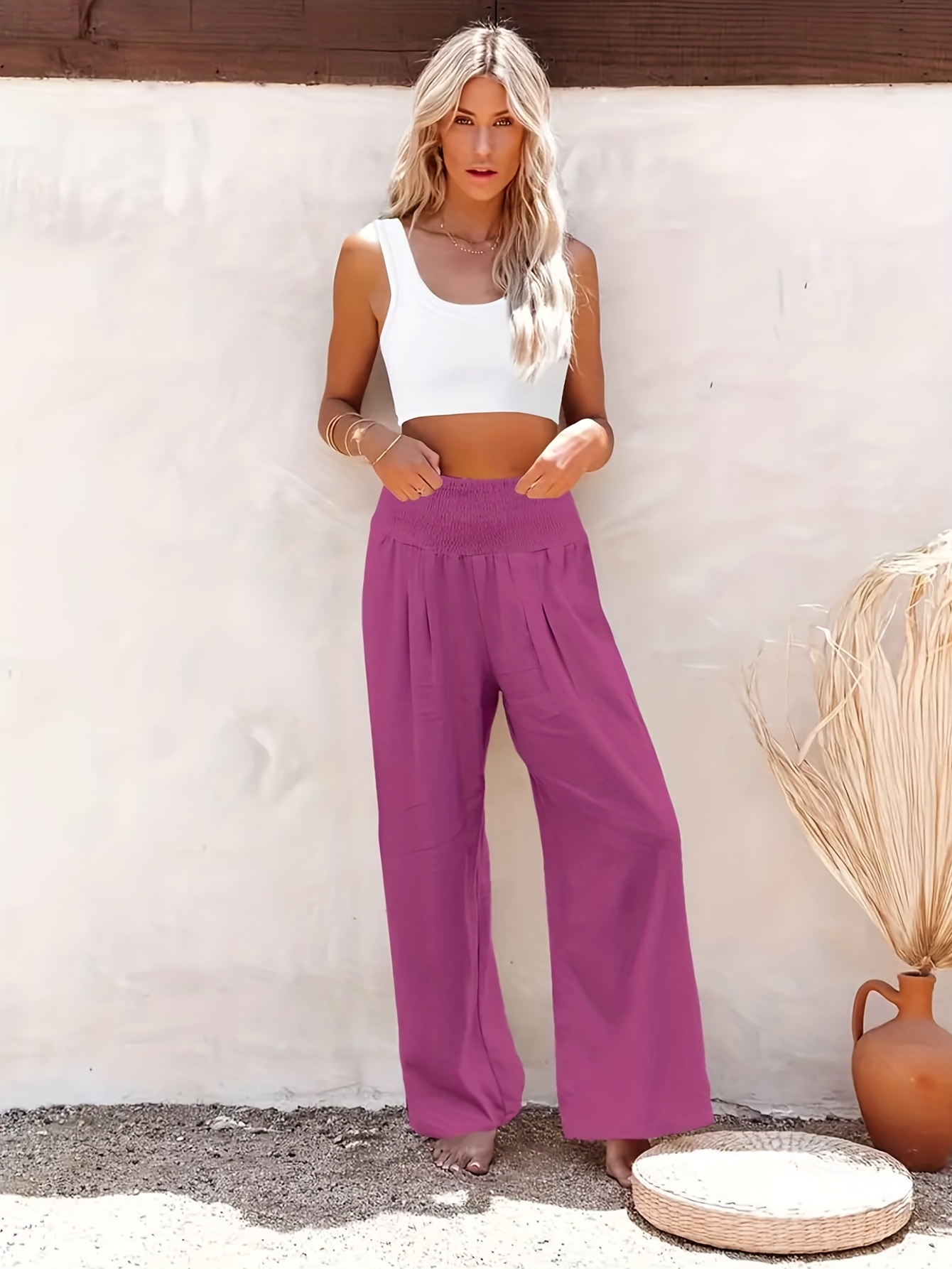 Minimalist Slant Pocket Wide Leg Pants Casual Shirred Pants - Temu