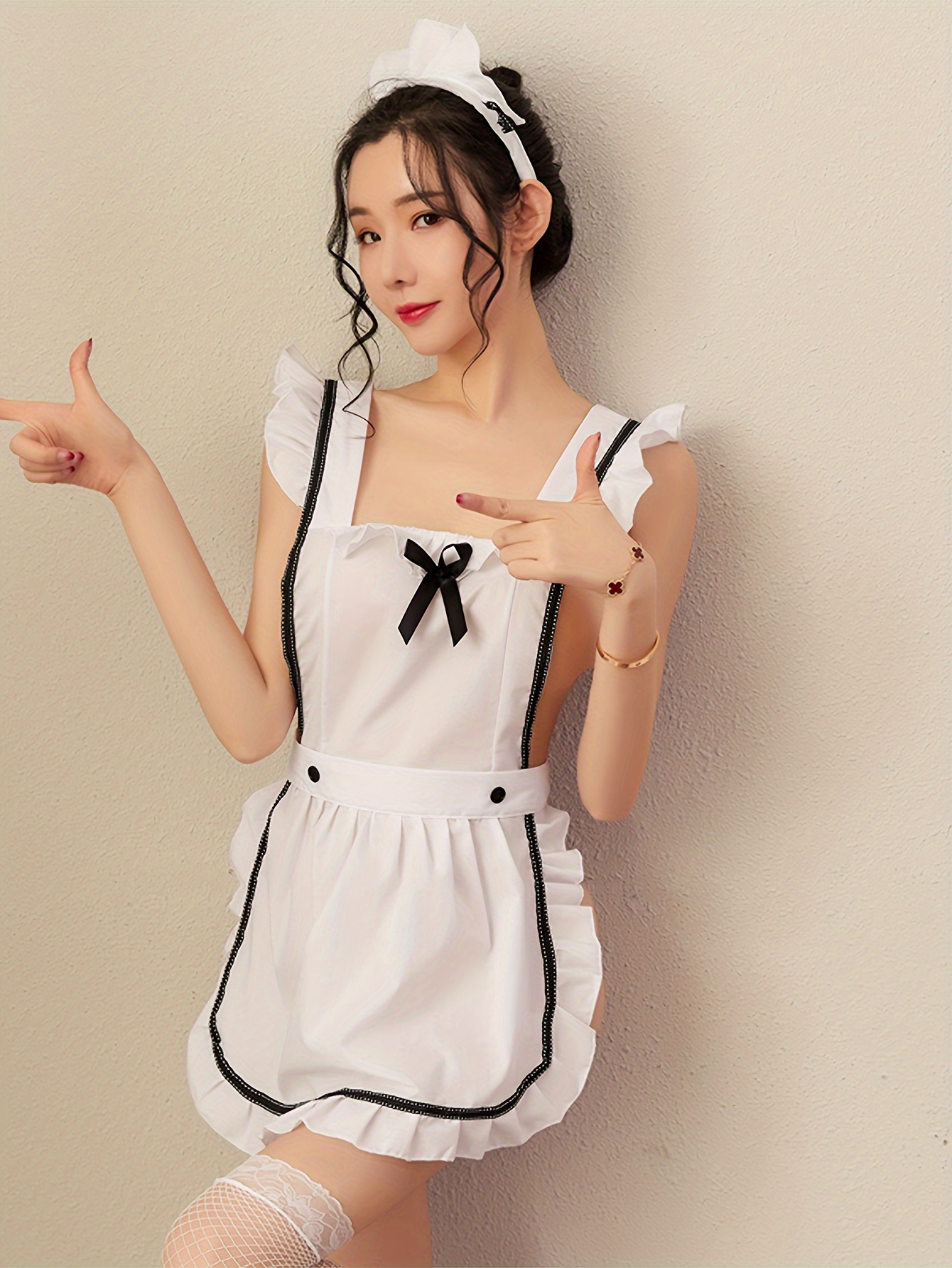 Naughty Maid Cosplay Costume Colorblock Bow Lettuce Trim - Temu