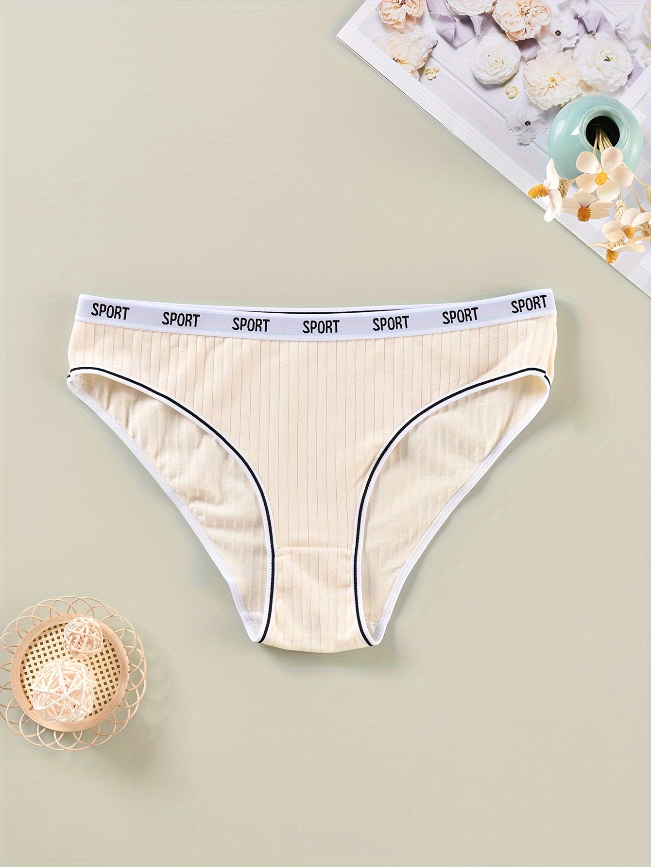 5 Pack Plus Size Sports Panties Set Women's Plus Ribbed Knit Contrast Letter Tap