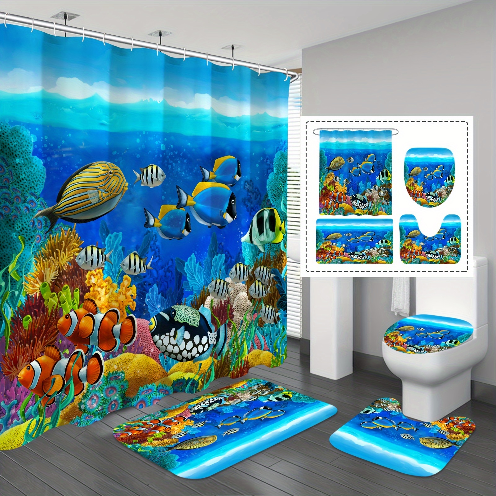 Ocean Underwater Blue Tropical Fish Coral Shower Curtain Set for