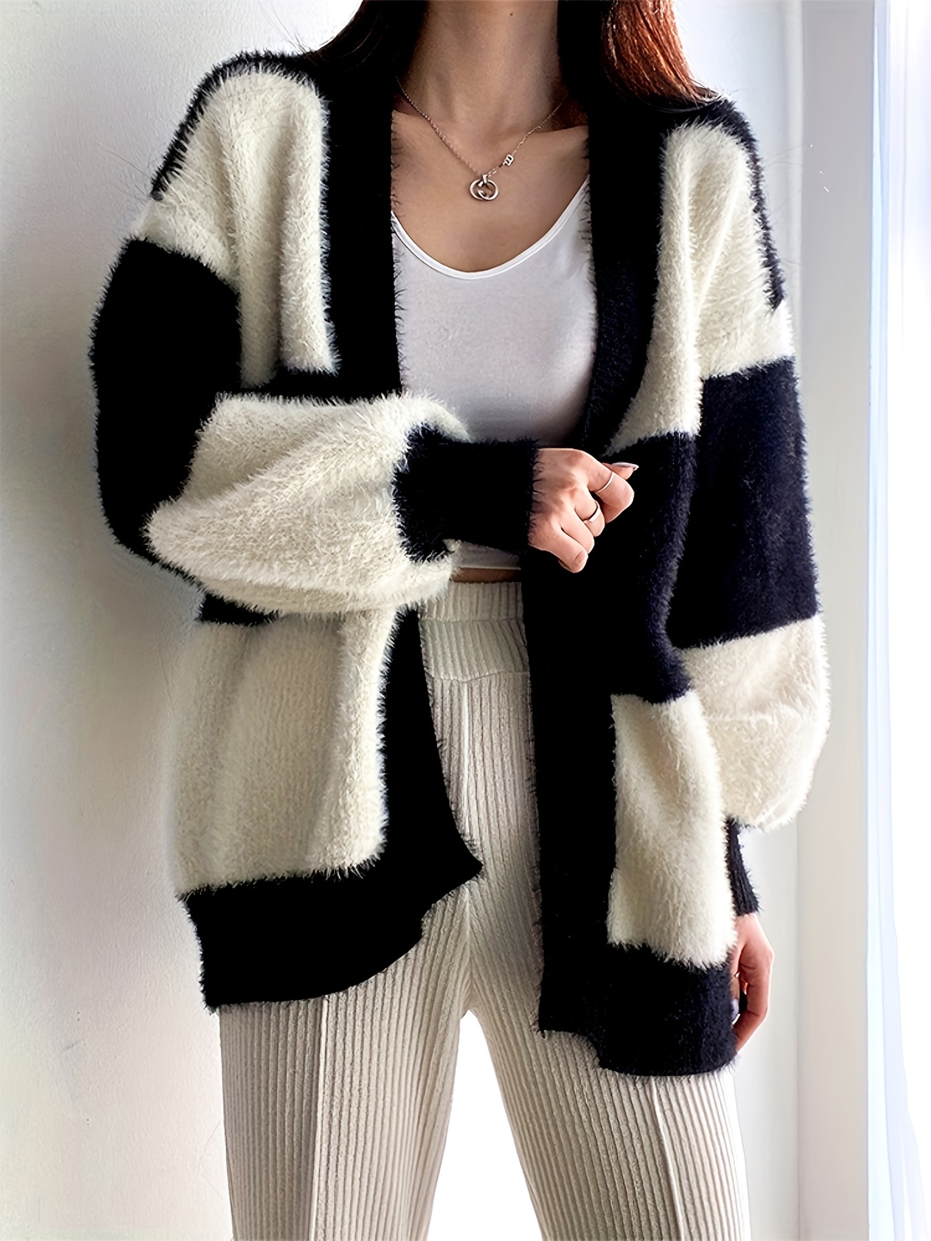 loose color block cardigan casual long sleeve cardigan for fall winter womens clothing black 1