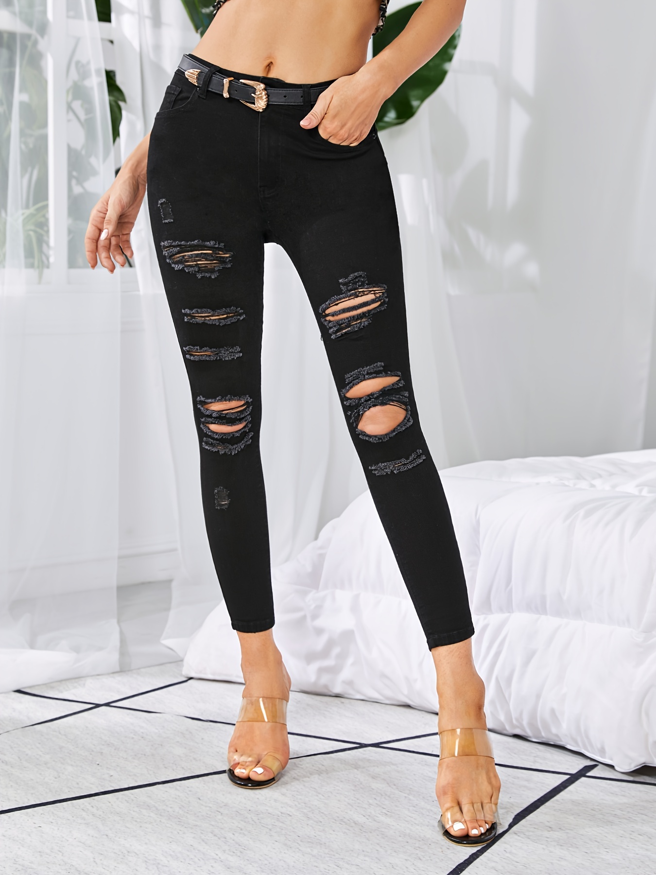 Pantalones de mezclilla negros lavados clásicos, pantalones de mezclilla de  tiro alto con bolsillos oblicuos de cintura alta, jeans y ropa de mezclill