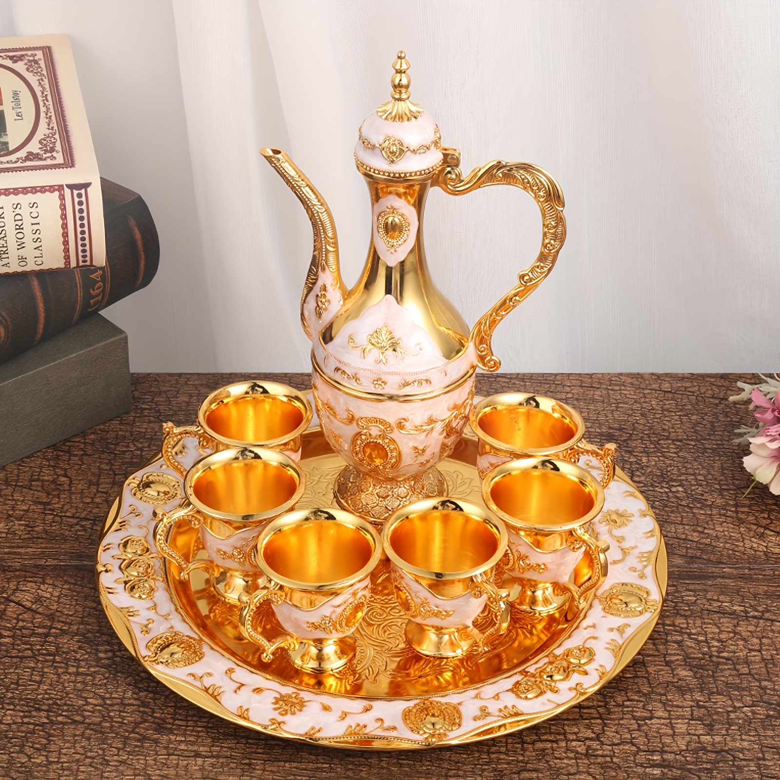Vintage Turkish Coffee Pot Set Model Turkish Tea Set with Teapot Tray and 6  Cups Exquisite Flagon Set for Home Decorations Bar