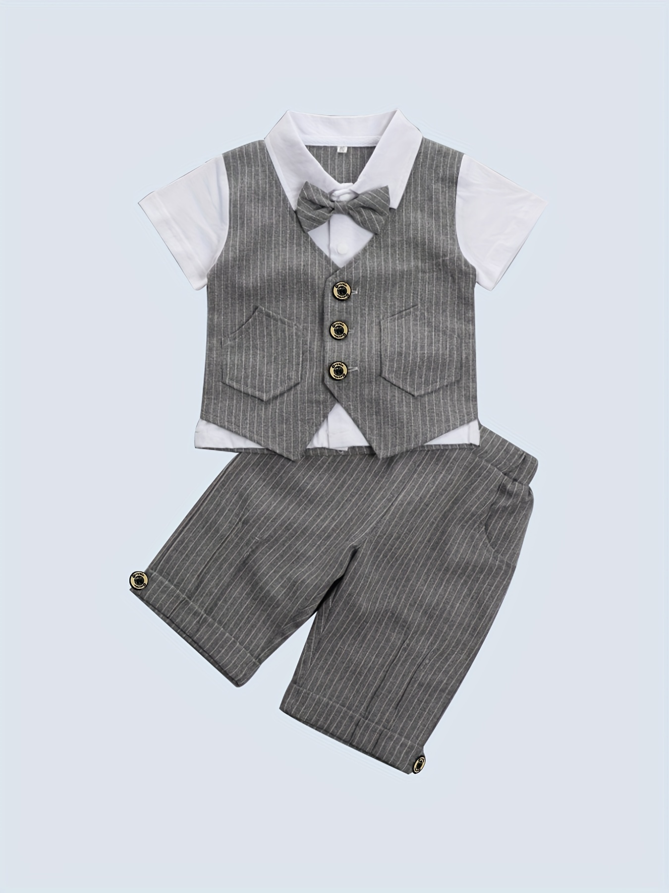 2pcs Baby Boy Preppy Style Necktie Faux-two Short-sleeve Top and Striped Shorts Set