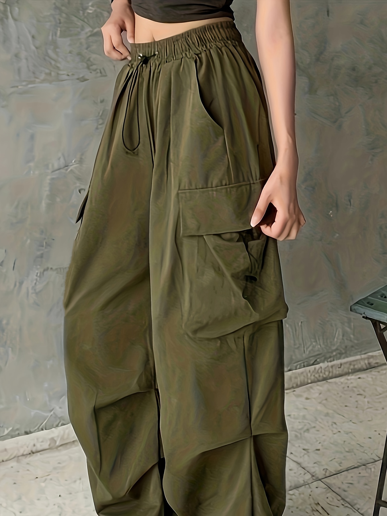 Y2k Drawstring Cargo Pants, Elastic Waist Baggy Pants With Pockets