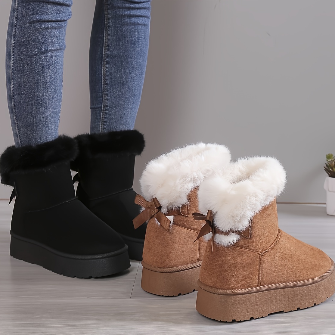 

Women's Solid Color Fluffy Boots, Bowknot Decor Platform Thermal Lined Boots, Winter Non-slip Plush Soft Shoes