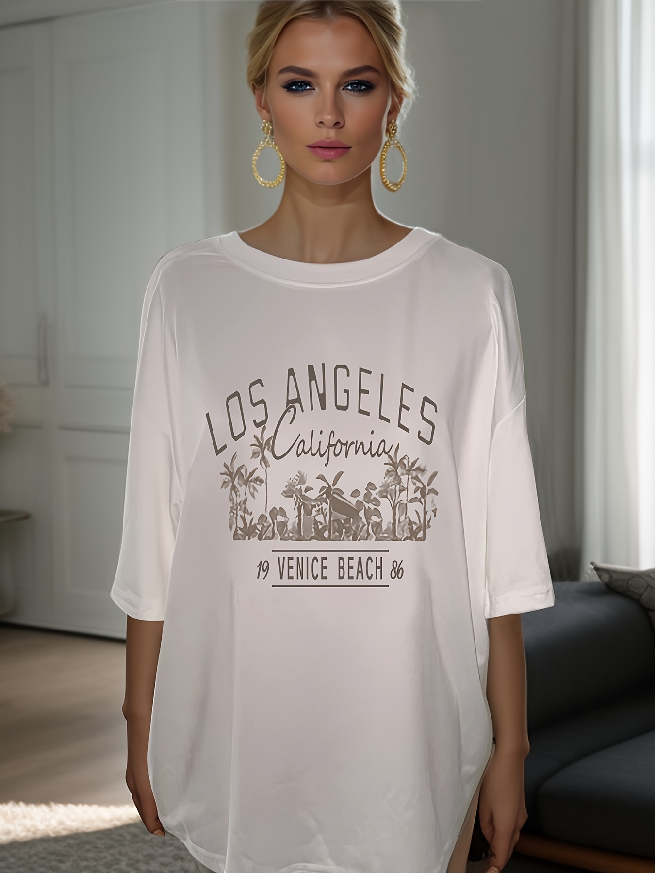 Los Angeles Shoulder T-shirt, 91 Temu | Frühling Neuesten Die Top | Sie Casual Drop Für Sommer, Print Shoppen Damenbekleidung & Kurzarm Trends