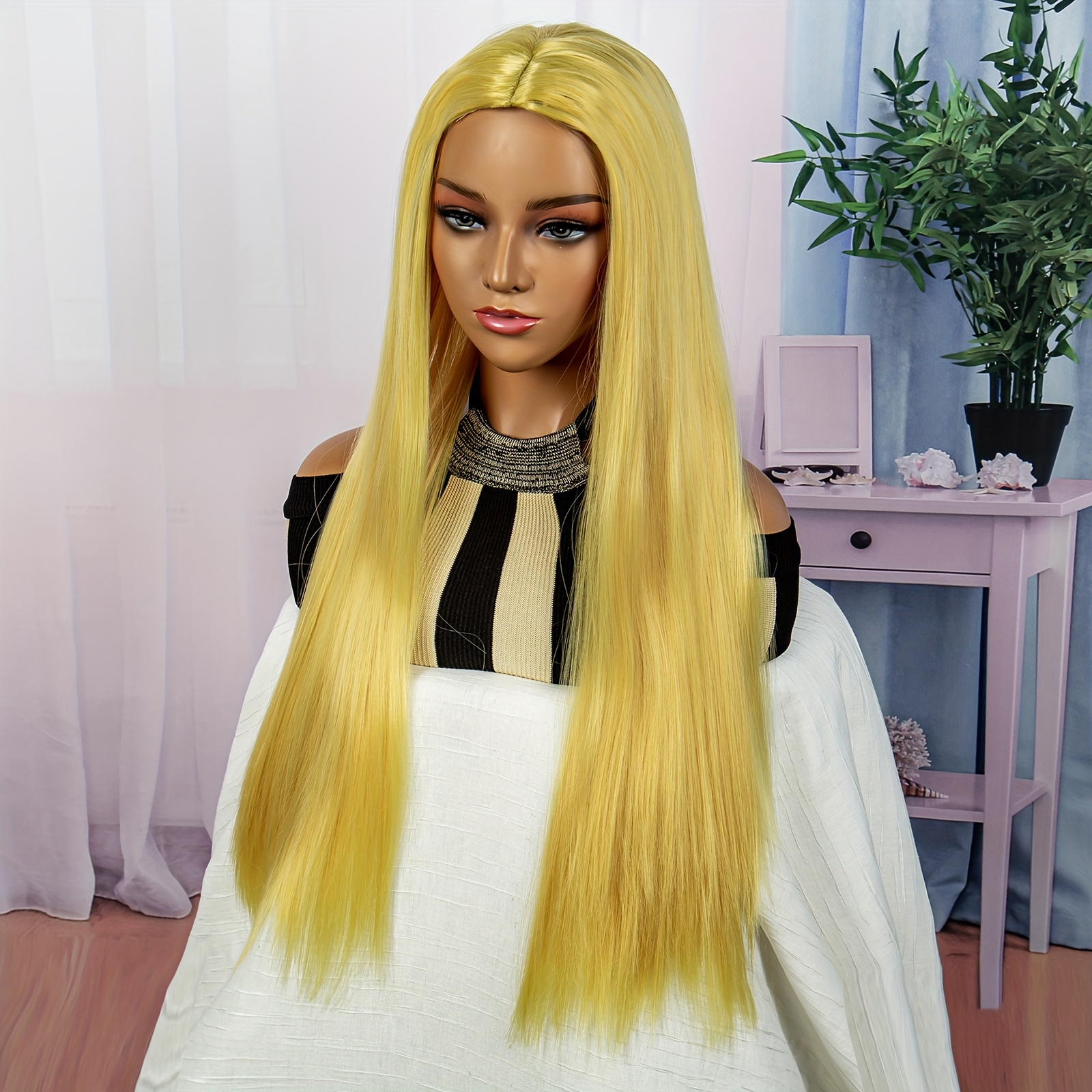 Synthetic Yellow Long Straight Cosplay Wig Synthetic Temu