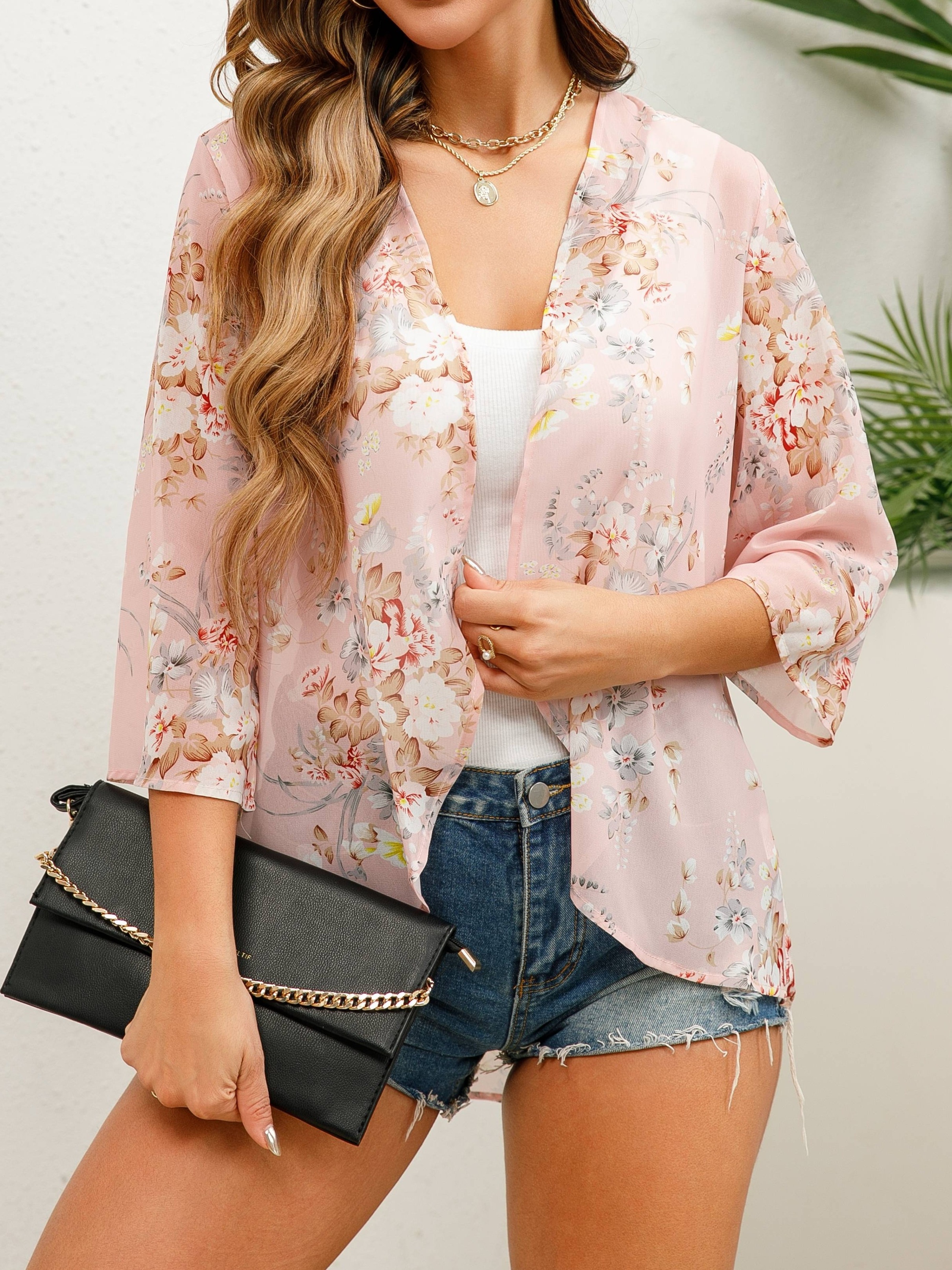 floral print open front blouse versatile beach wear coverup blouse for spring summer womens clothing