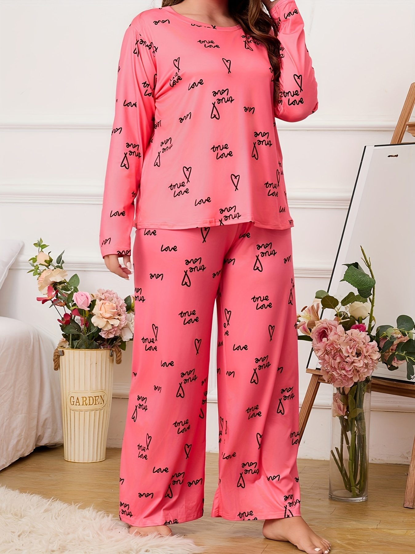 Plus Size Casual Pajama Set, Women's Plus Heart & Letter Print Short Sleeve  Round Neck Top & Pants Home Wear Two Piece Set