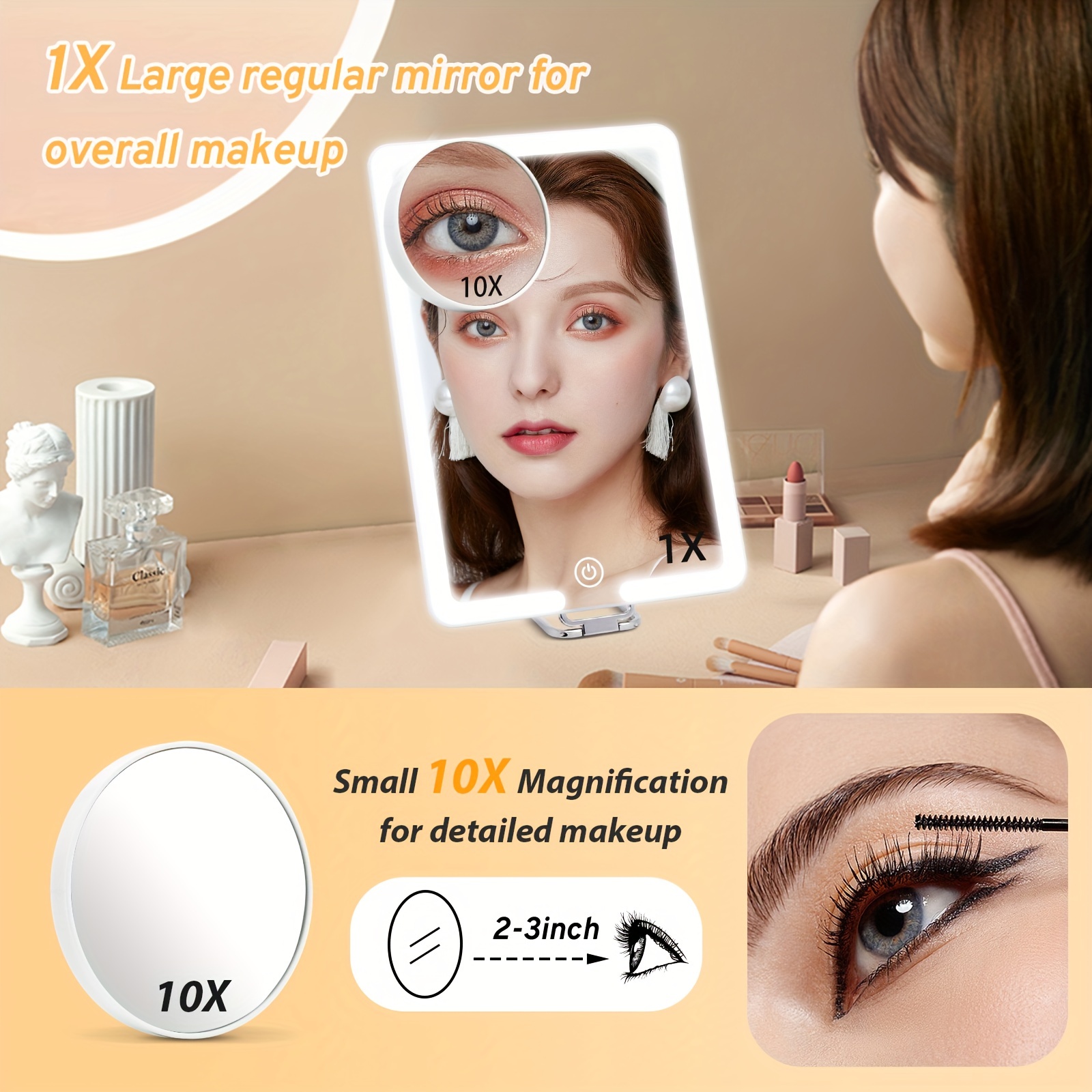 Travel Makeup Mirror with Lights 360 Stand & 10X Magnifying Mirror
