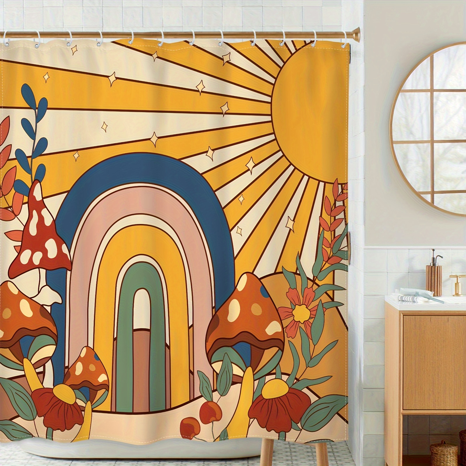 Sun Arch Mushroom Print Shower Curtain Waterproof Polyester - Temu