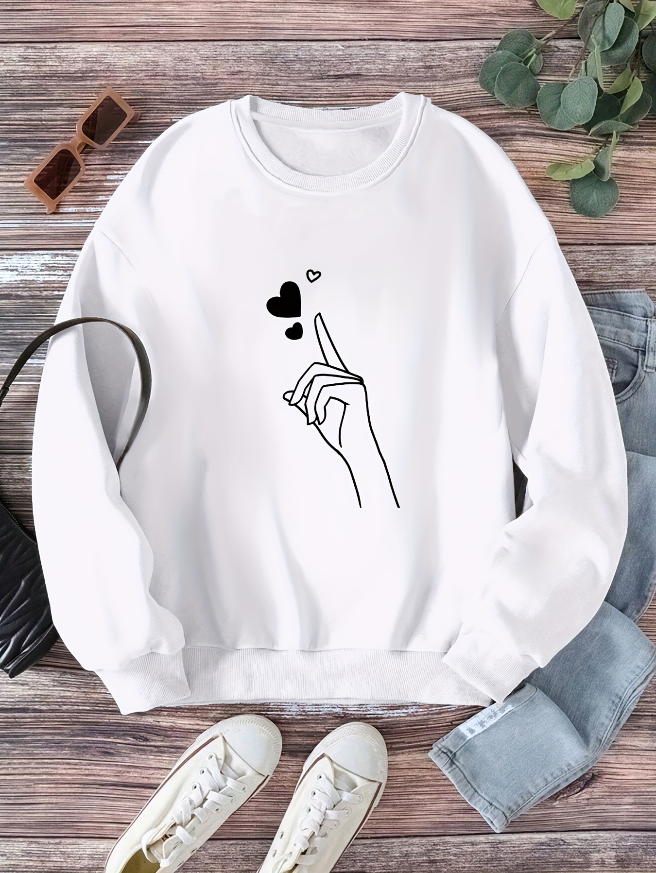 Double Hearts Print Sweatshirt Cute Long Sleeve Crew Neck - Temu