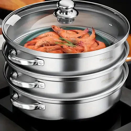 1pc Stainless Steel Steamer Pot, Steaming Cookware, Saucepot With Tempered  Glass Lid, 3 Tier Steaming Pot Work With Gas Electric Induction Oven Grill
