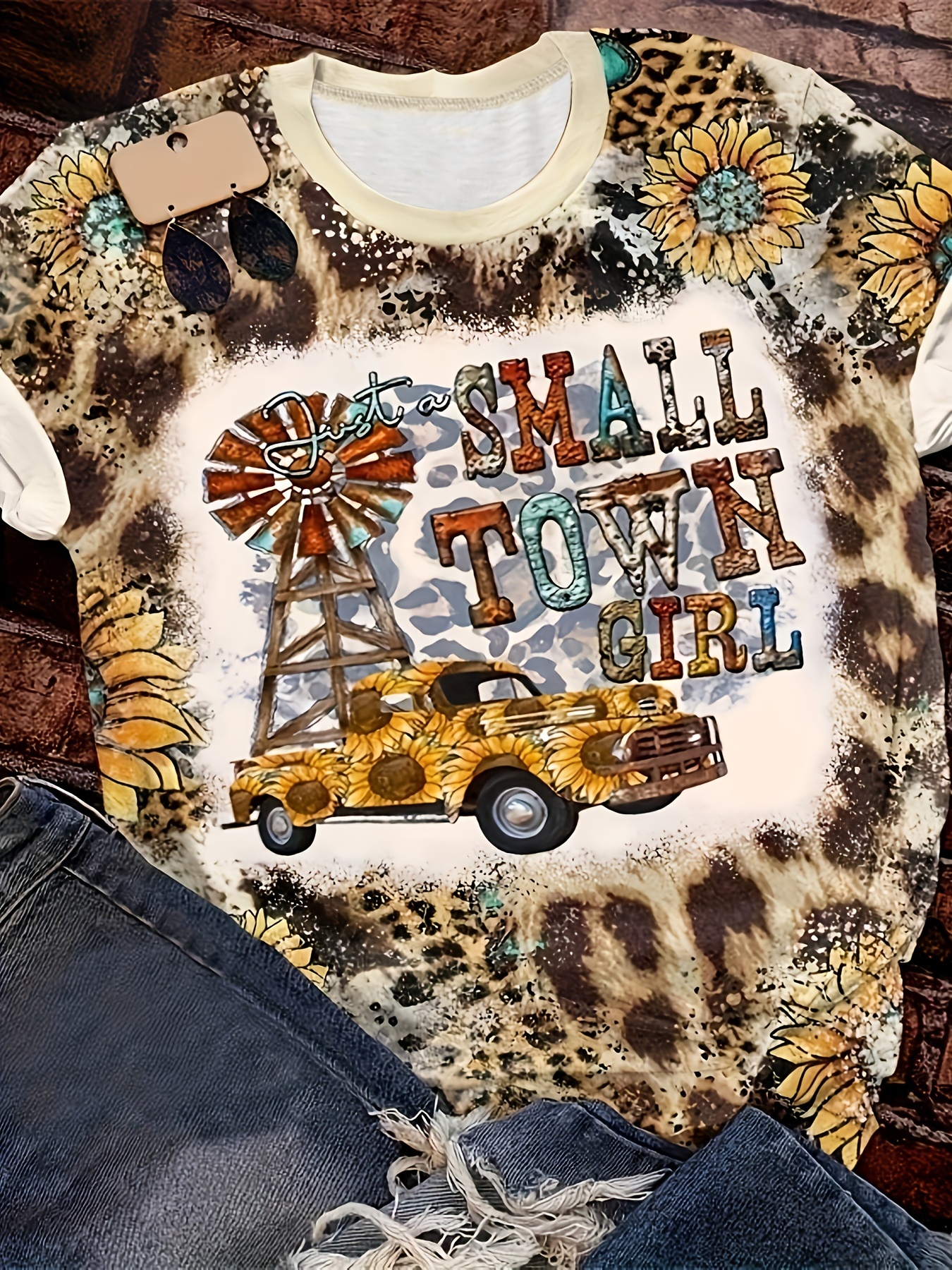 Letter Old Car Print Leopard T shirt Vintage Crew Neck Short - Temu Canada