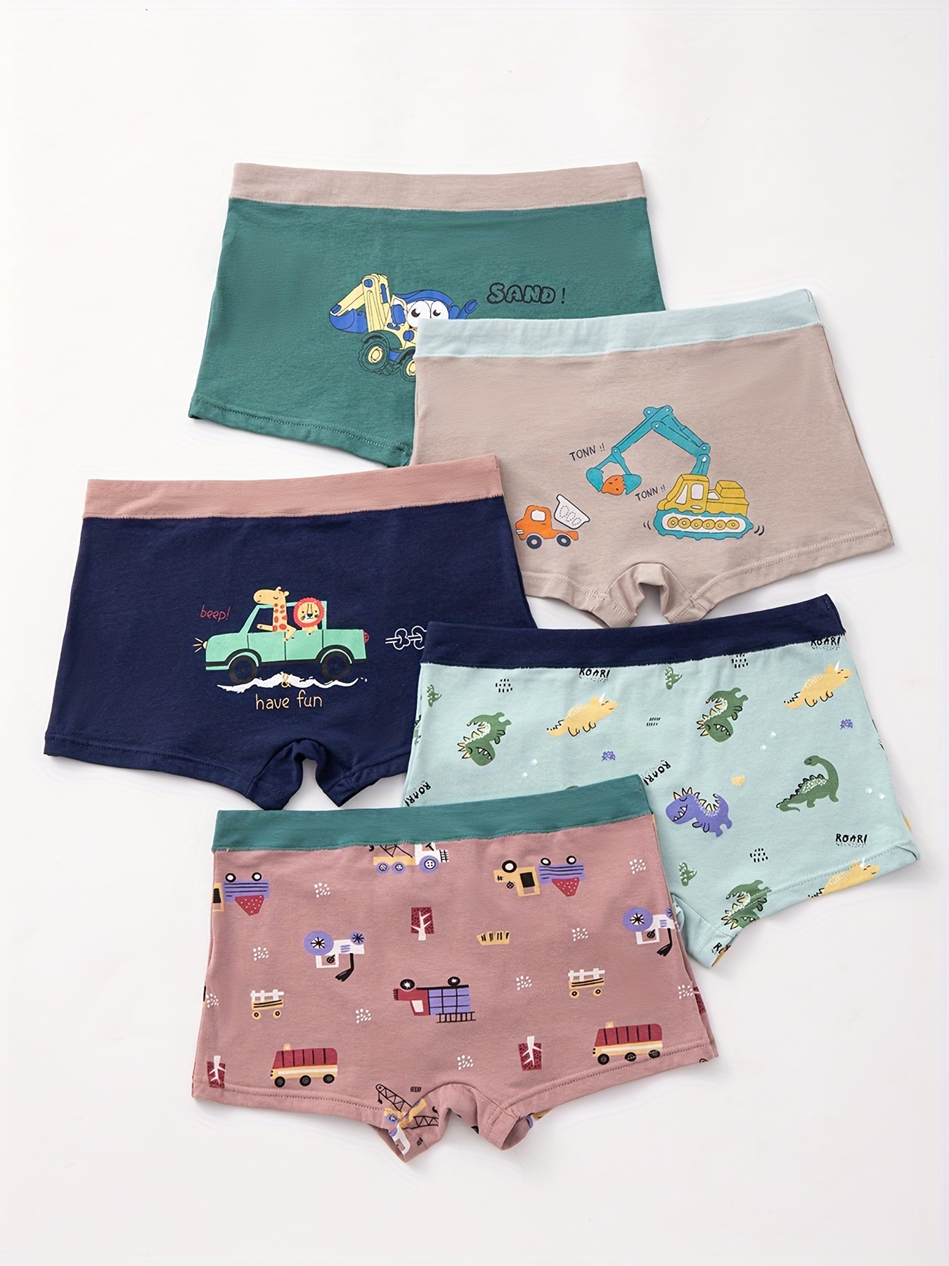 5pcs Toddler Boy's Boxer Briefs, Cartoon Truck/dinosaur Pattern Breathable  Underwear, Comfy Kid's Underpants