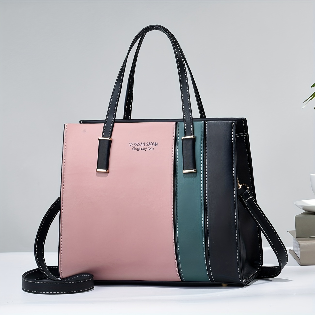 Color Block Square Hand Bag, Women's Striped Shoulder Tote Bag, Elegant  Crossbody Purse For Work - Temu