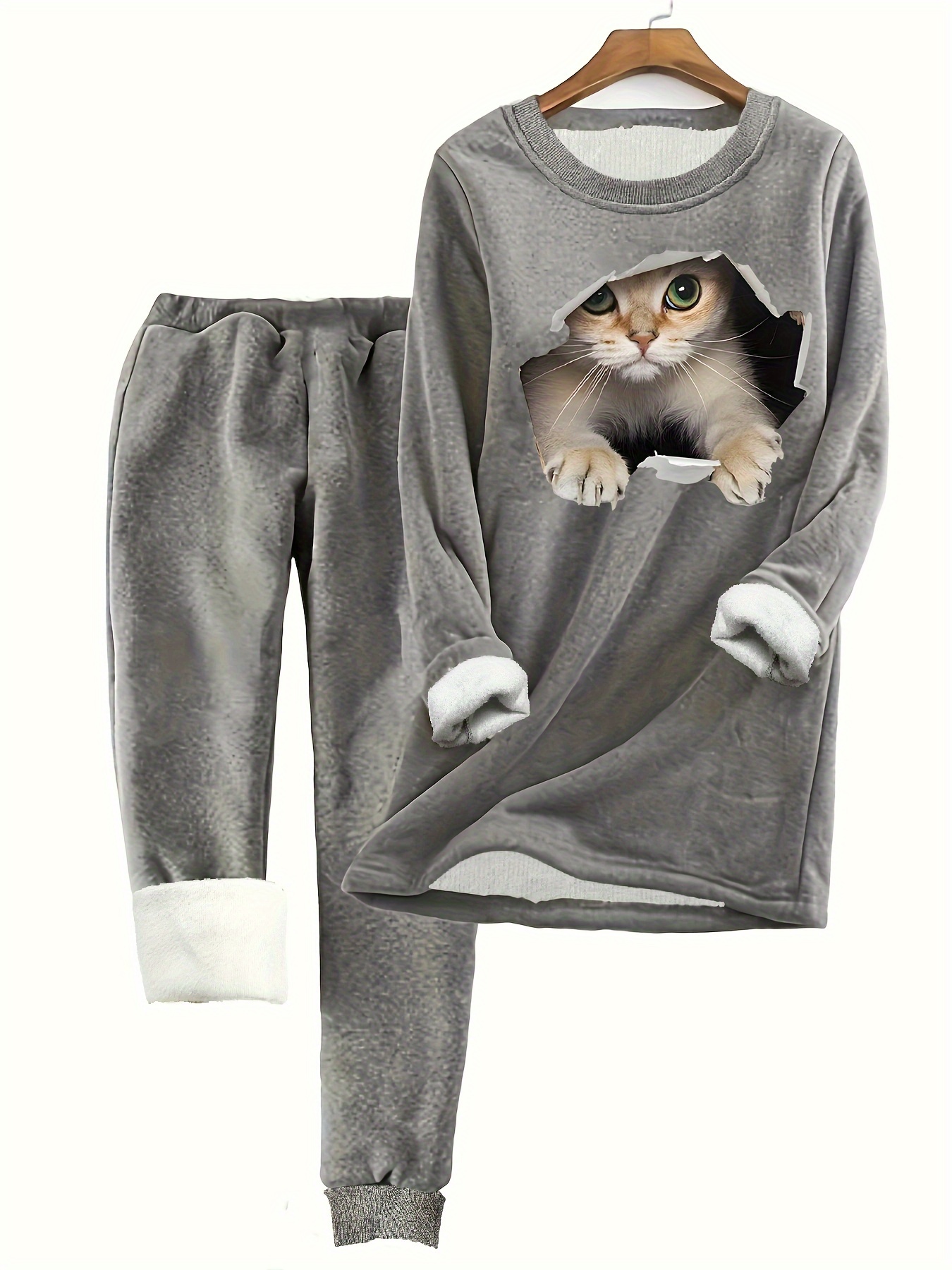 Plus Size Casual Outfits Set Women's Plus Cute Cat Slogan - Temu Canada