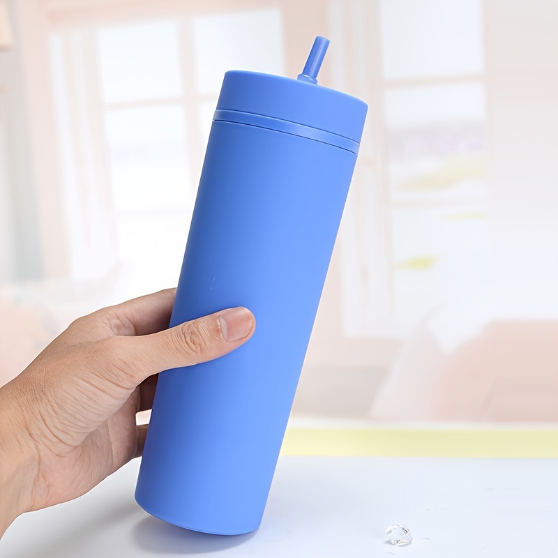 Ezhydrate Skinny Tumbler (1 Pack) - Blue- Matte Pastel Colored Acrylic Single Tumbler in Bulk with Lid and Straw | 16oz Double Wall Reusable Plastic
