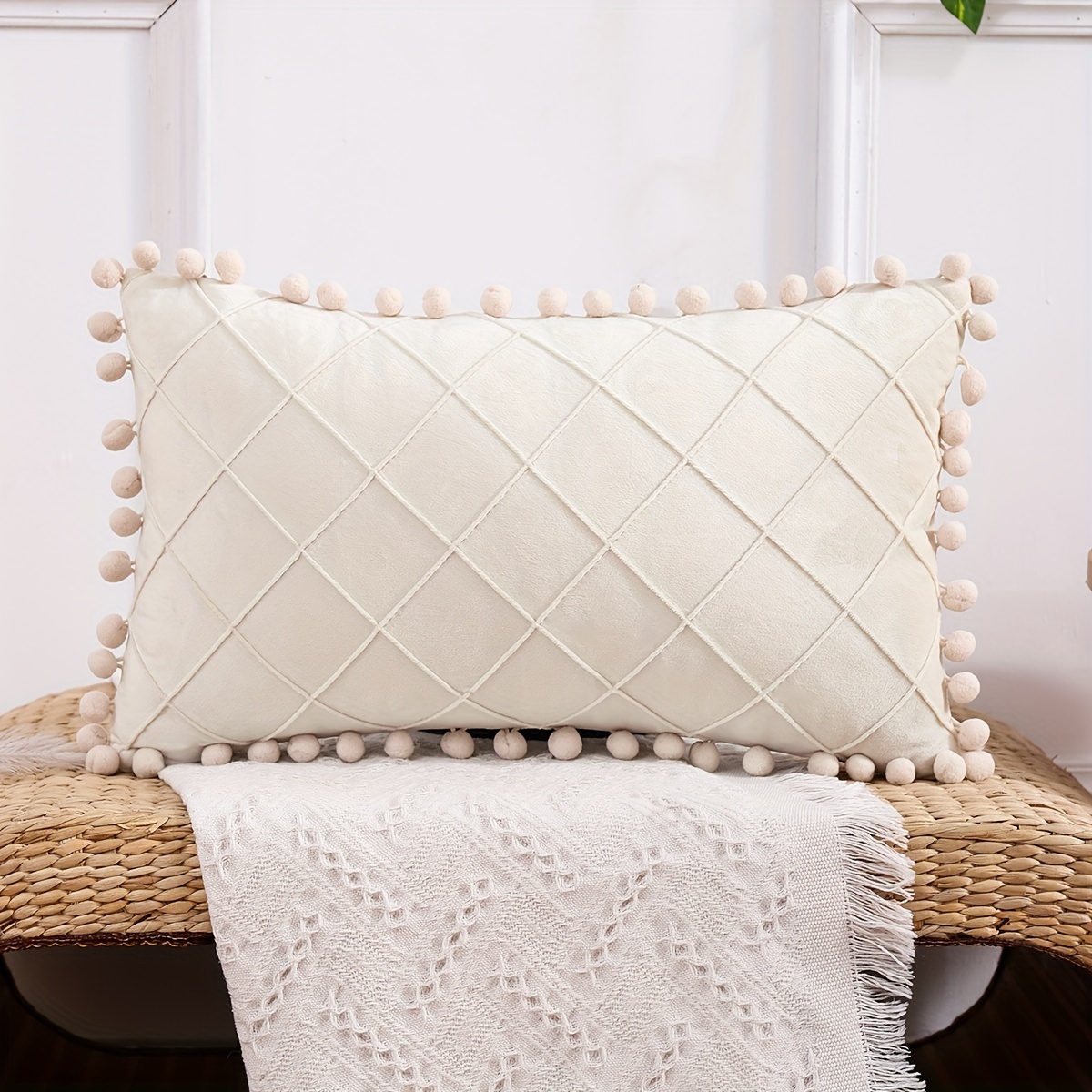 TEMU Housse de coussin décorative 1 pièce Pom en velours