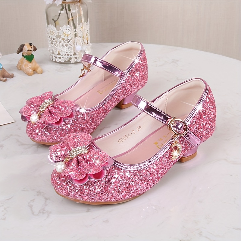  Zapatos de tacón bajo para niñas pequeñas, lentejuelas con  purpurina, lazo de princesa, tacones bajos, para fiesta, baile, pingüino  (rosa, 10 niños pequeños) : Ropa, Zapatos y Joyería