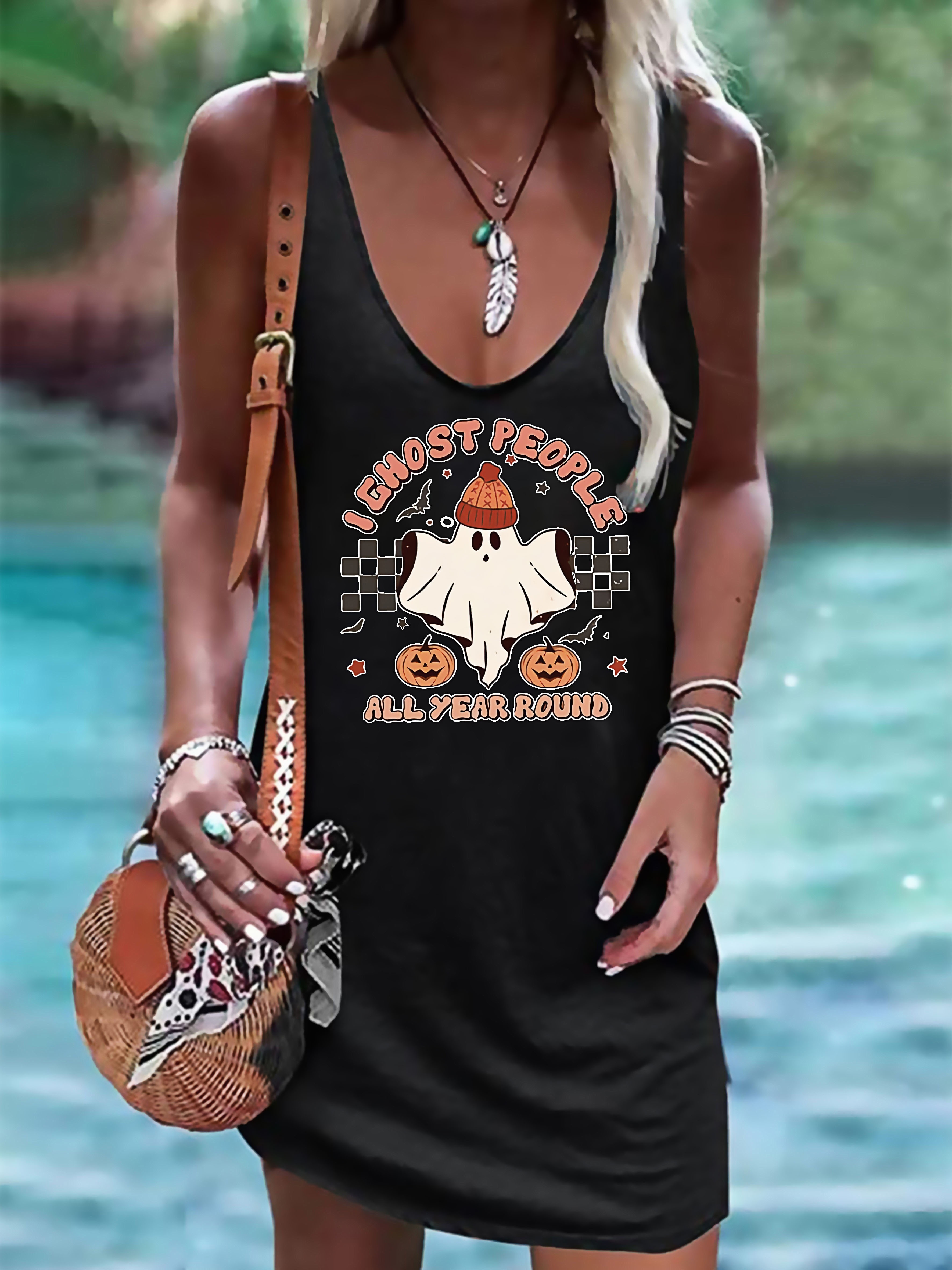 Halloween Ghost Print Tank Dress Casual Sleeveless Mini - Temu