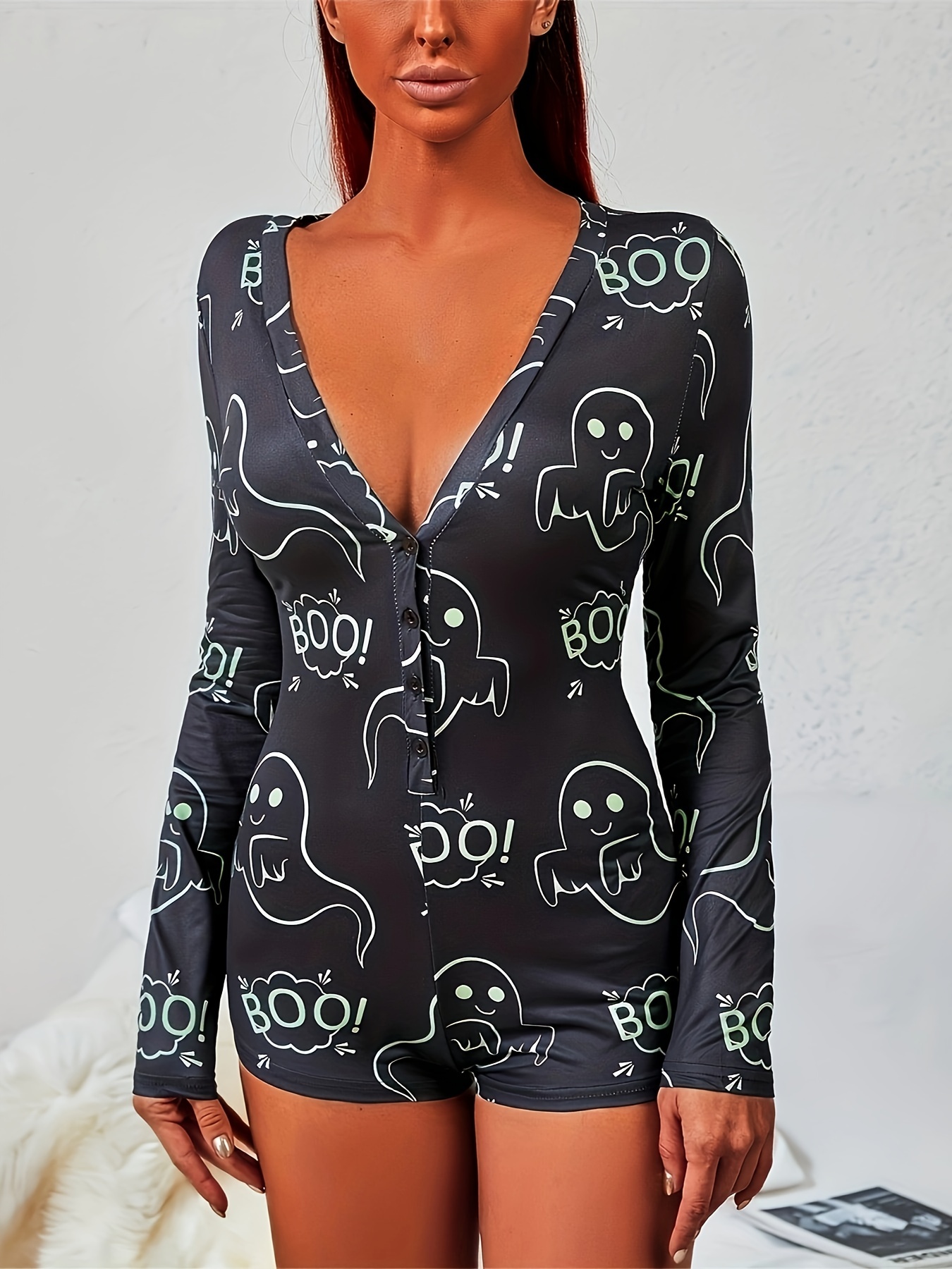 Pumpkin Bat Print Pajama Romper Carnaval Long Sleeve V Neck - Temu