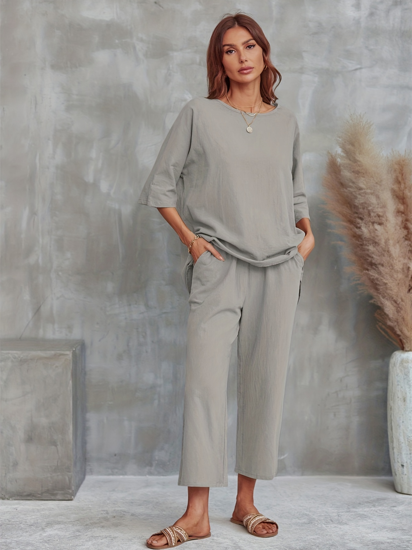 Casual 2pc Set Crew Neck Tee & Wide Leg Pants Women's Clothing