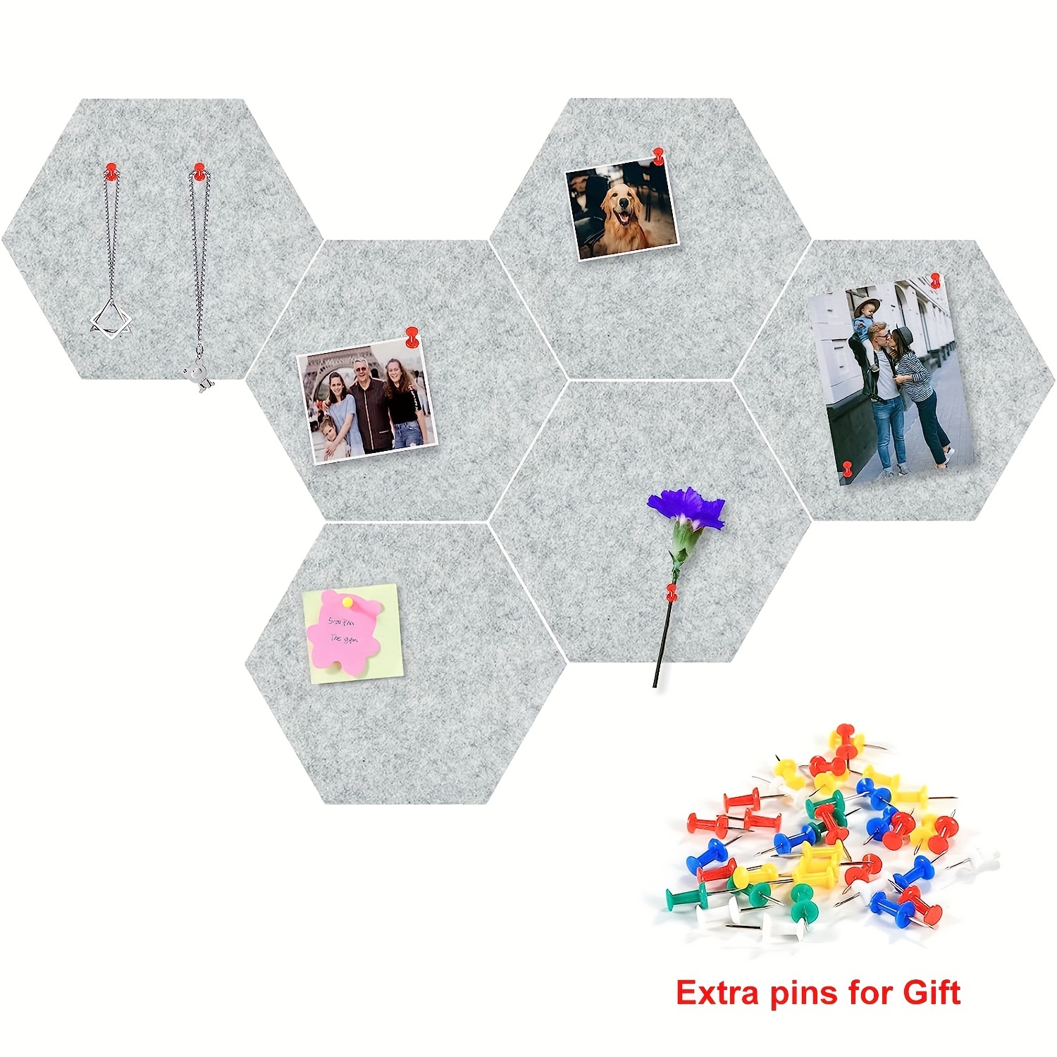 6pcs Hexagon Felt Bulletin Board Self Adhesive Wall Tiles with Push Pins