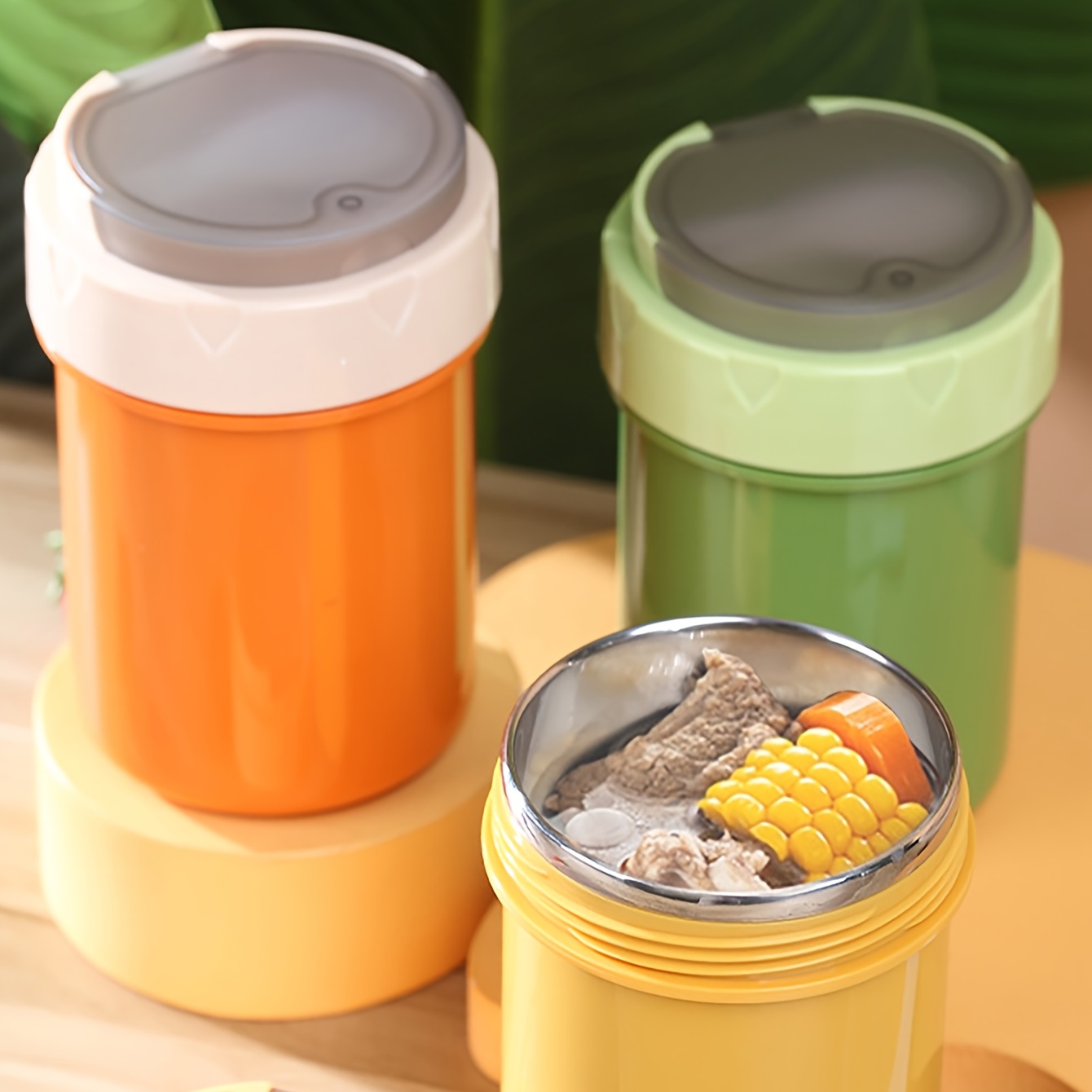 Office Worker Milk Cup With Spoon Portable Soup Cup Thermal Lunch Box  Double Layer Food Container 304 GREEN 