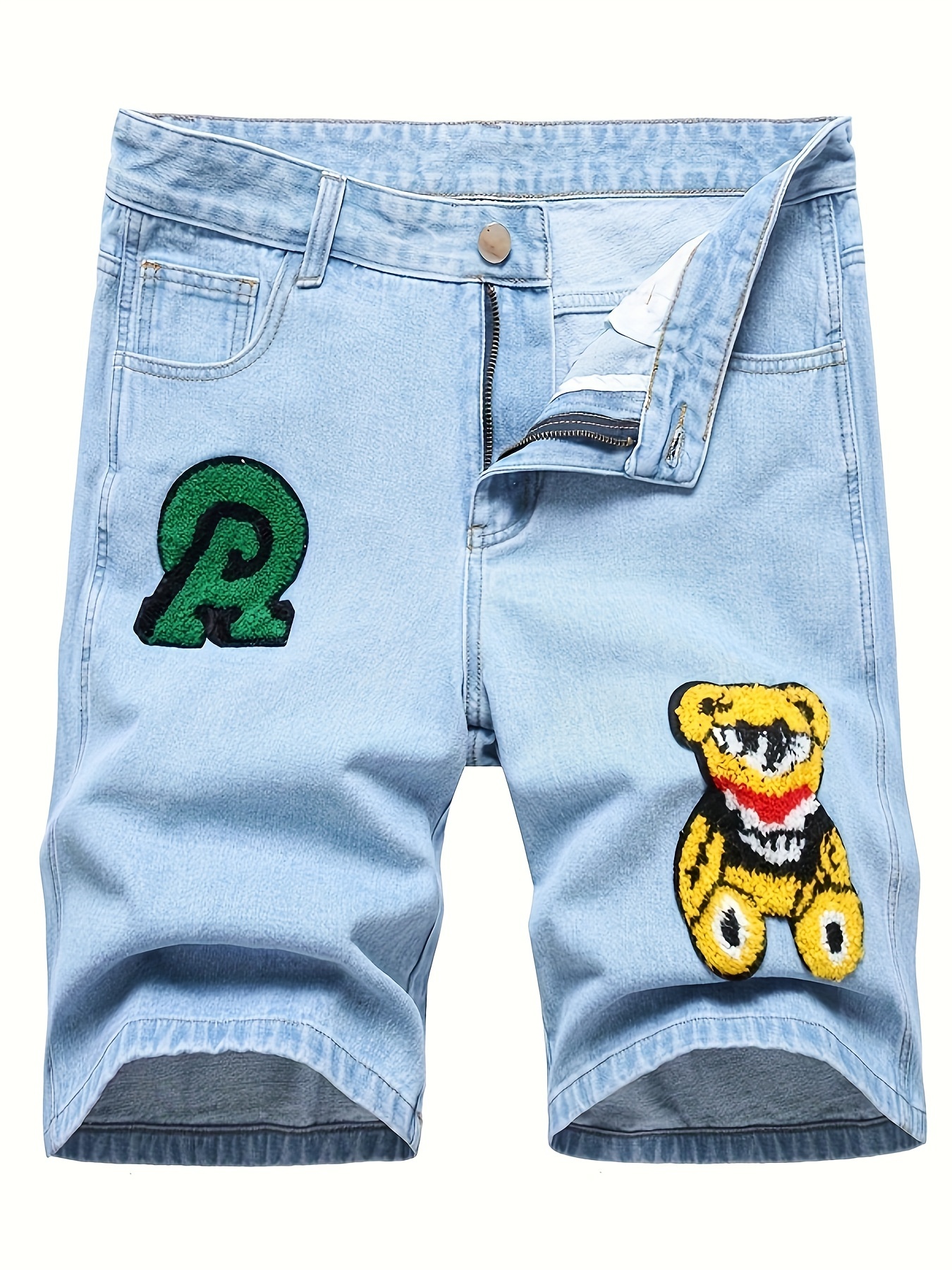 Pantalones Cortos De Mezclilla Rasgados Con Patrón De Oso De