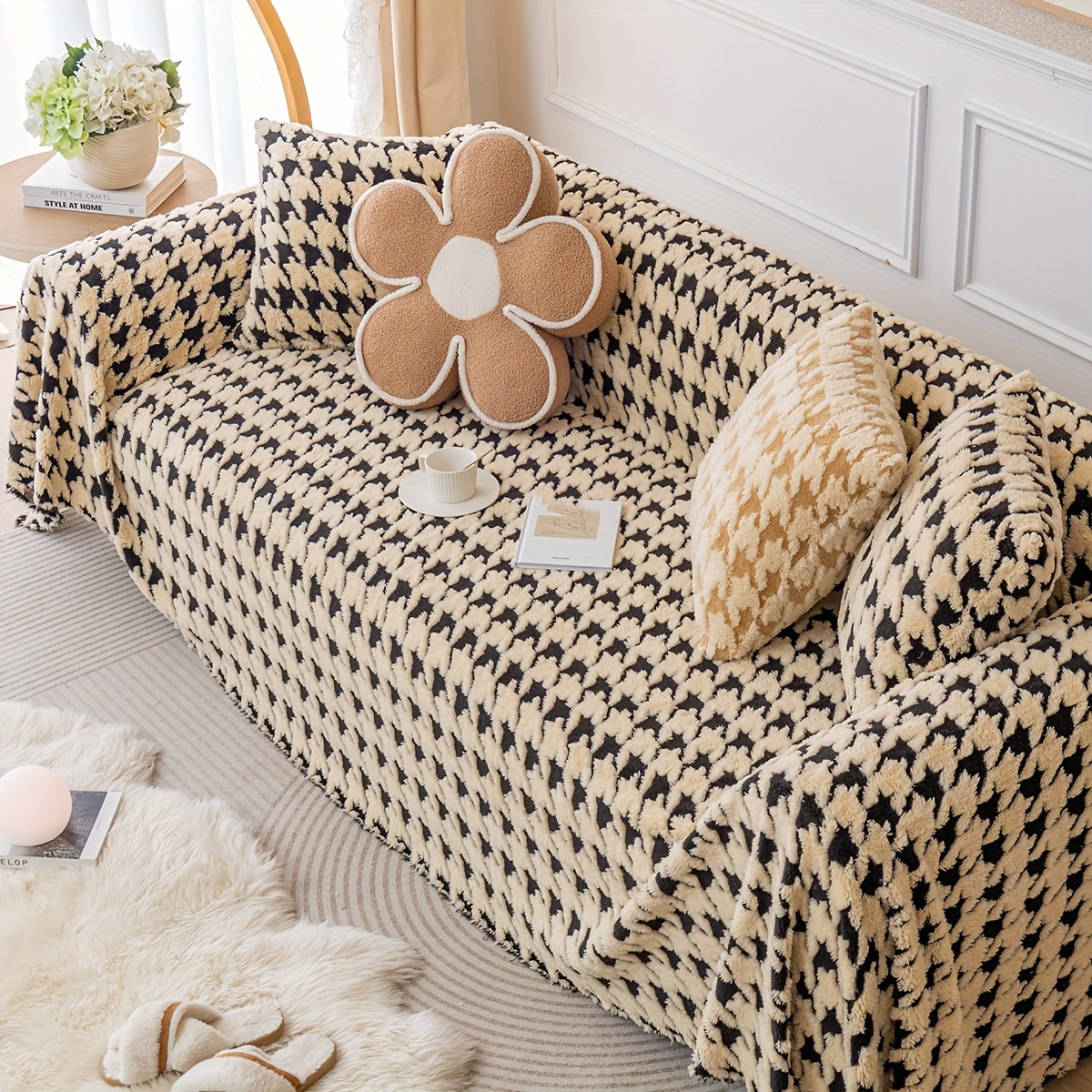Houndstooth Plush Mat Furniture Protection Anti-Slip Couch Cover