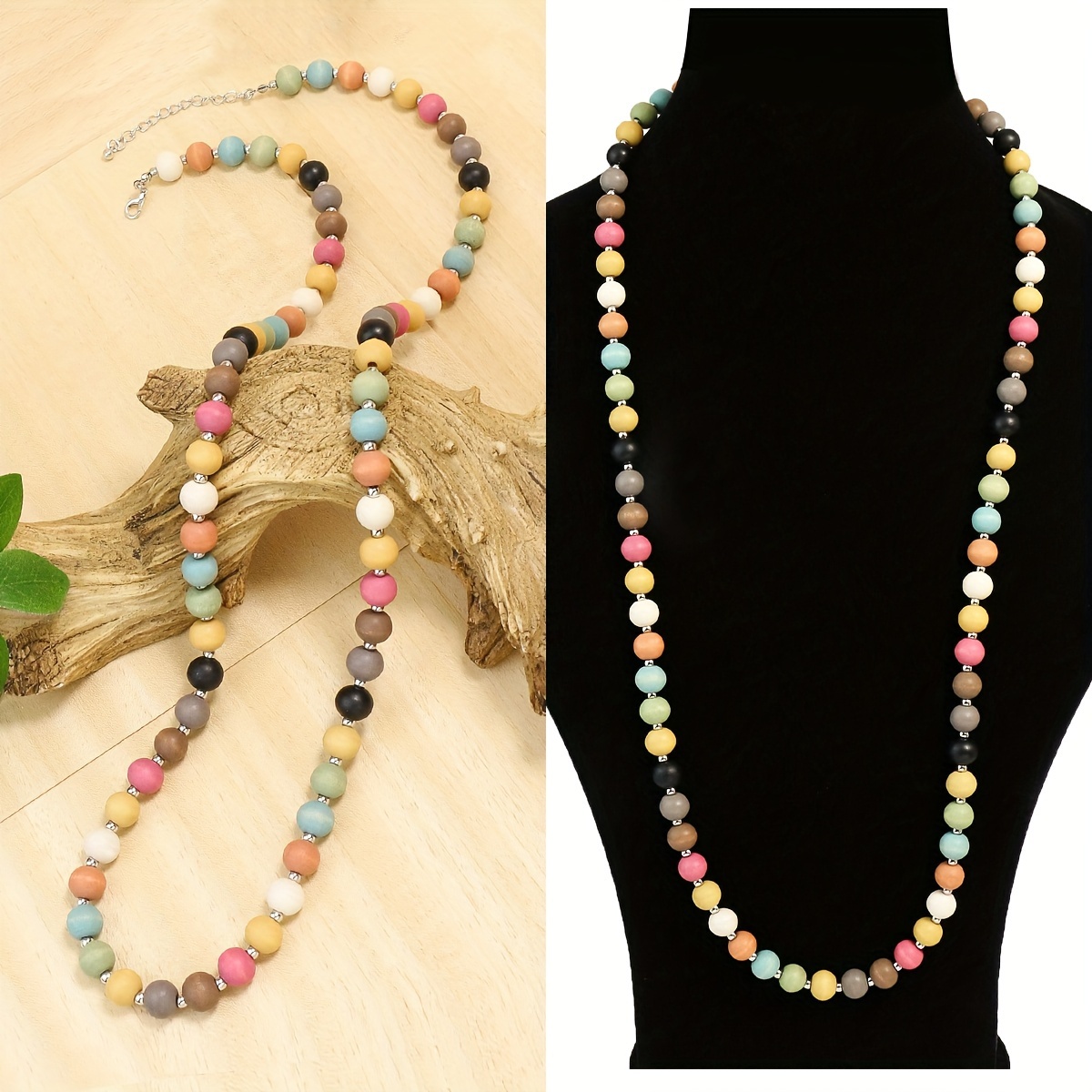 

Bohemian Vacation Style Colorful Wooden Beads Women's Necklace Macaron Color Fashionable Sweater Chain