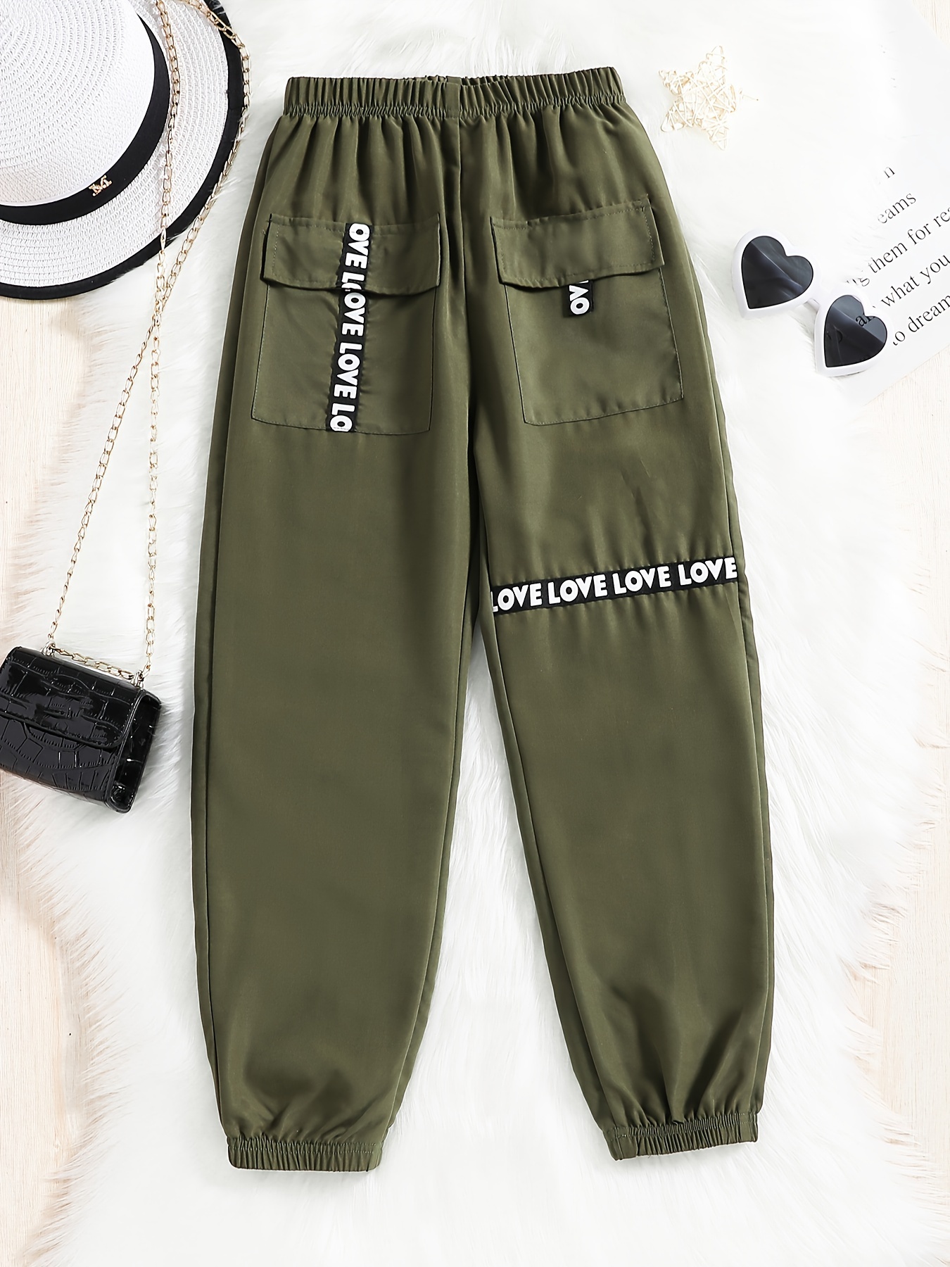 Teens Girls Trend Armygreen Cargo Pants Elastic Waist Flap Pockets  Trousers, Girl's Clothes